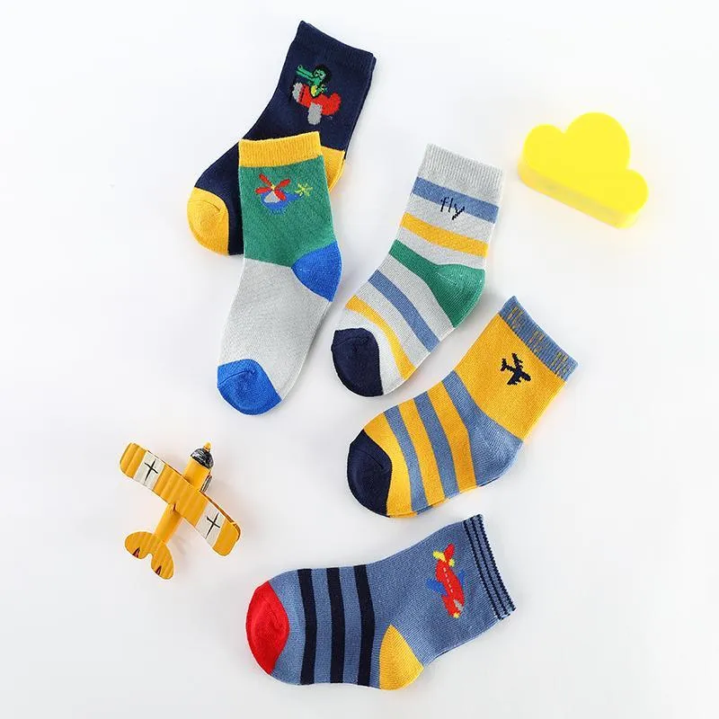 5-piece Cartoon Airplane Pattern Knee-High Stockings for Unisex