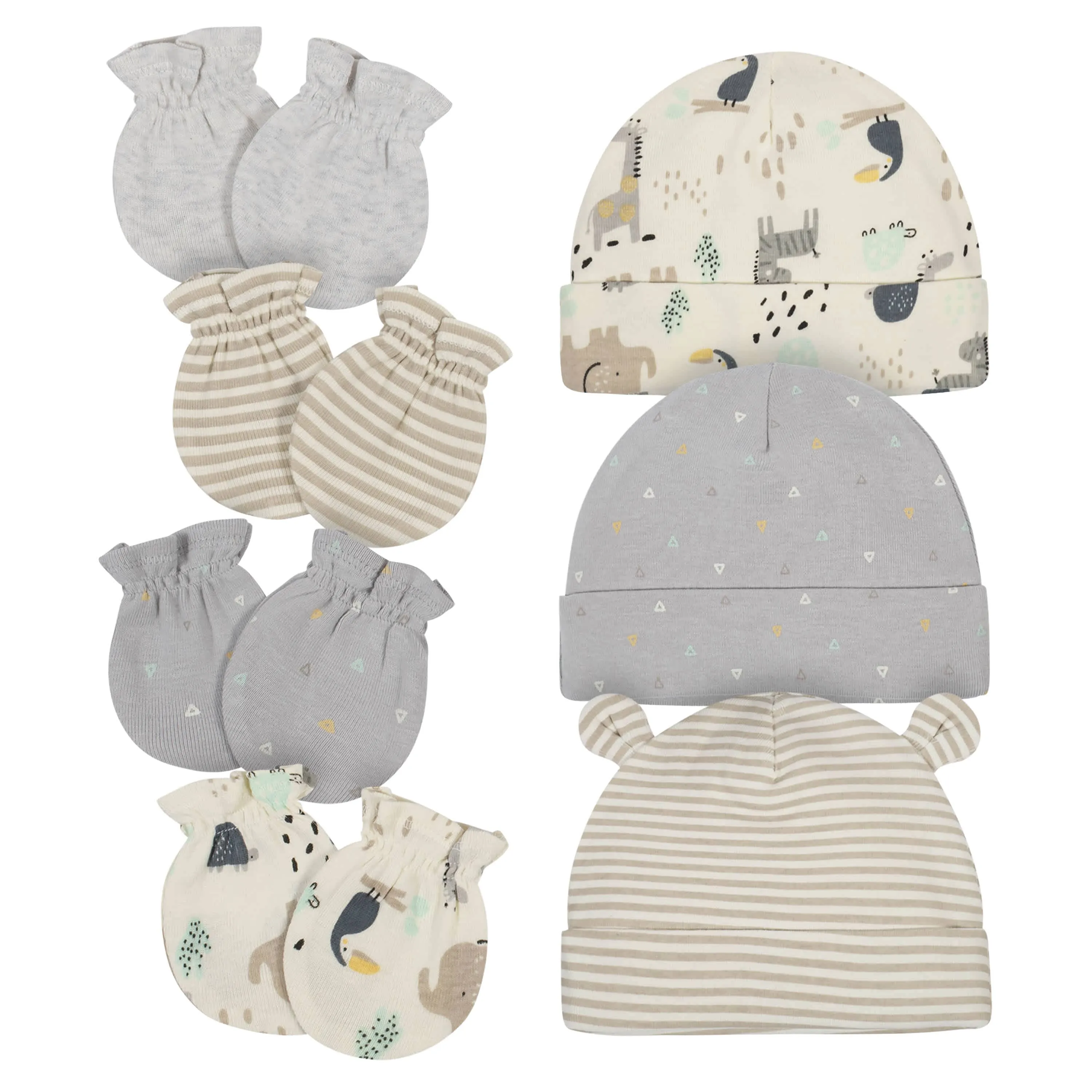 7-Piece Baby Neutral Safari Organic No Scratch Mittens and Caps Set