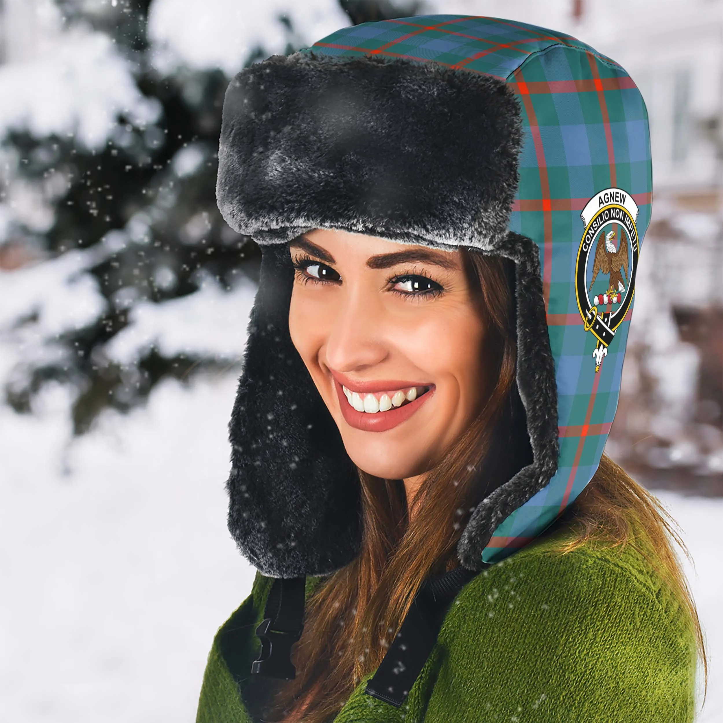 Agnew Ancient Tartan Winter Trapper Hat with Family Crest