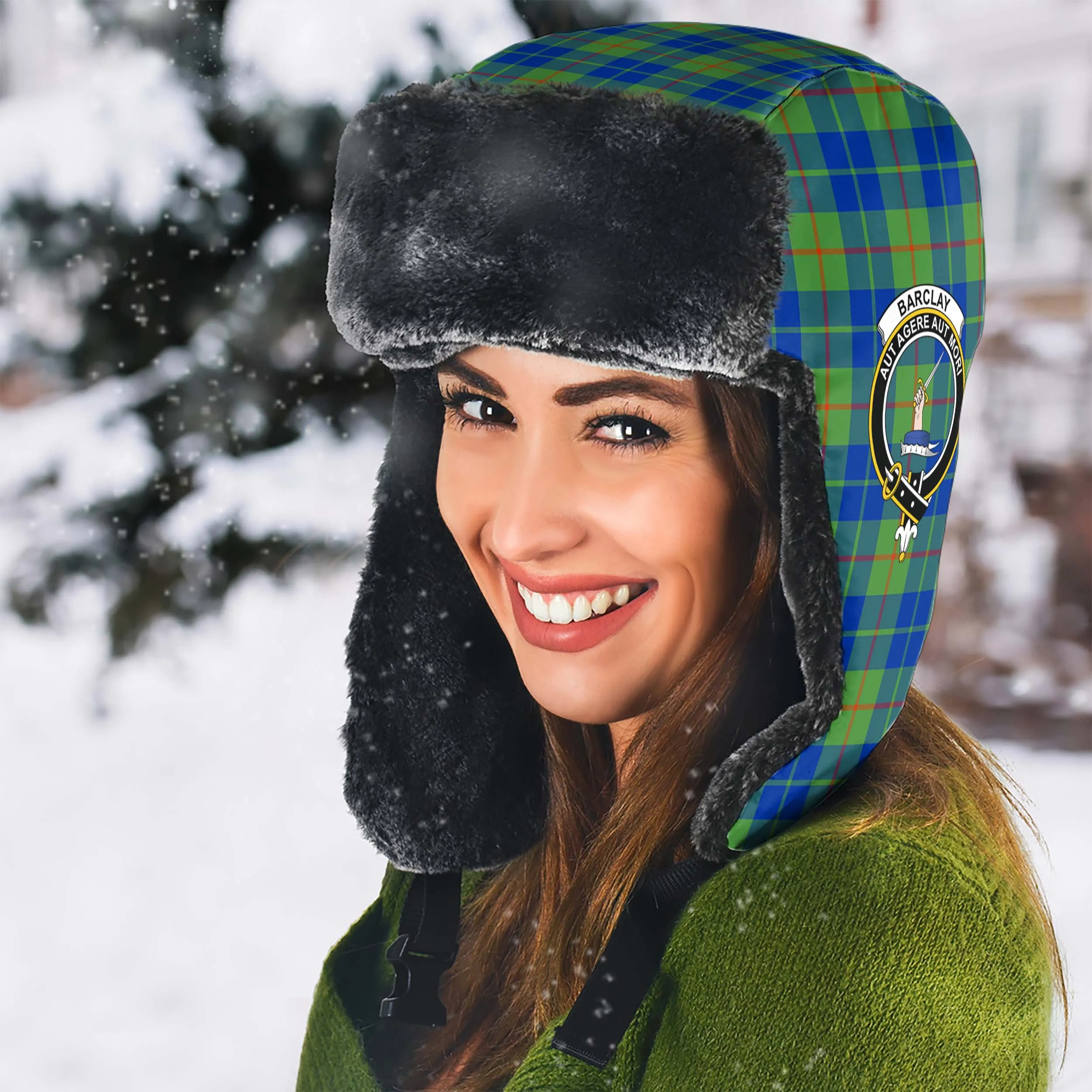 Barclay Hunting Ancient Tartan Winter Trapper Hat with Family Crest