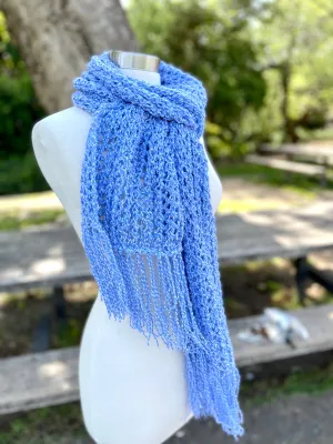 Blue Handmade Knitted Scarf for Women with fringe