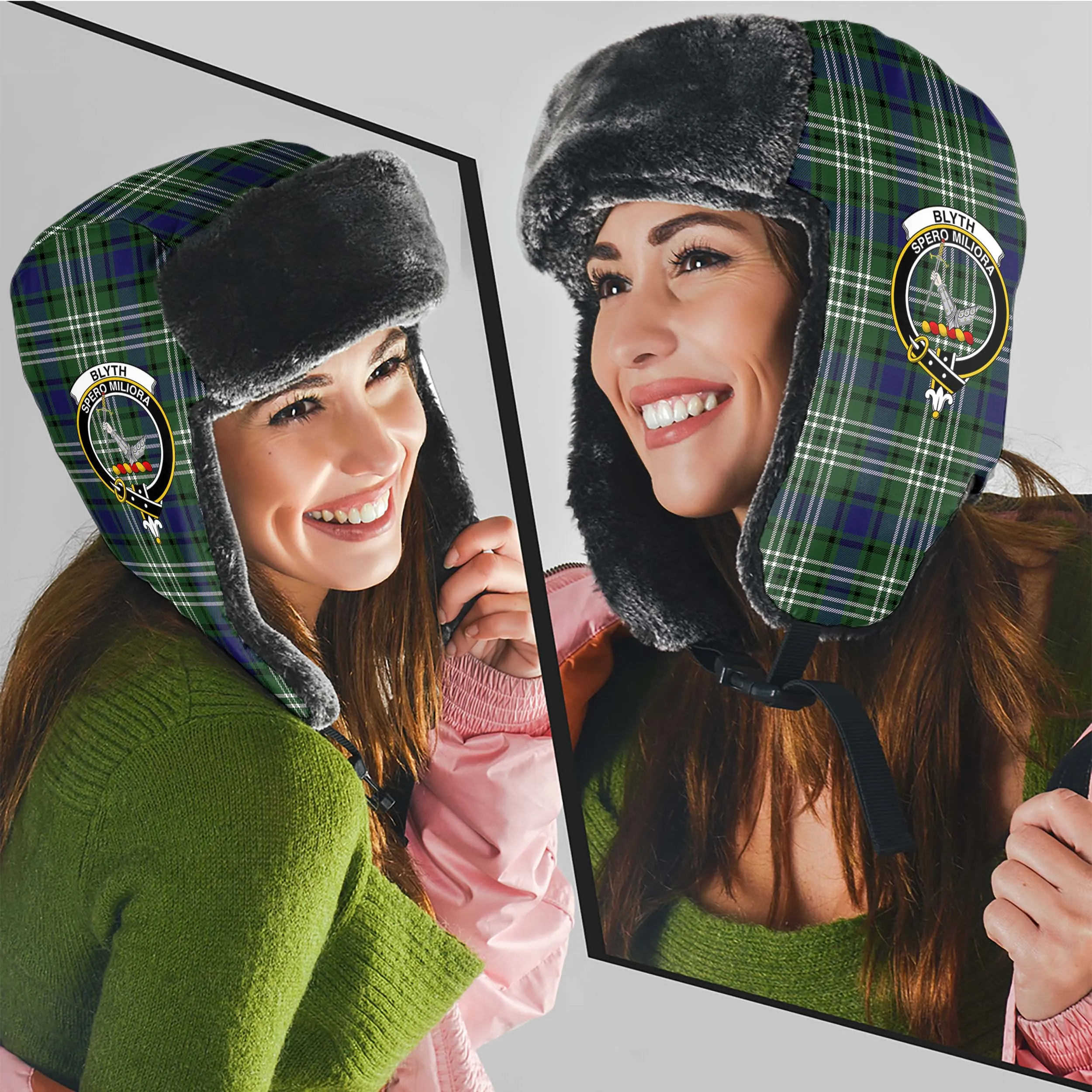 Blyth Tartan Winter Trapper Hat with Family Crest