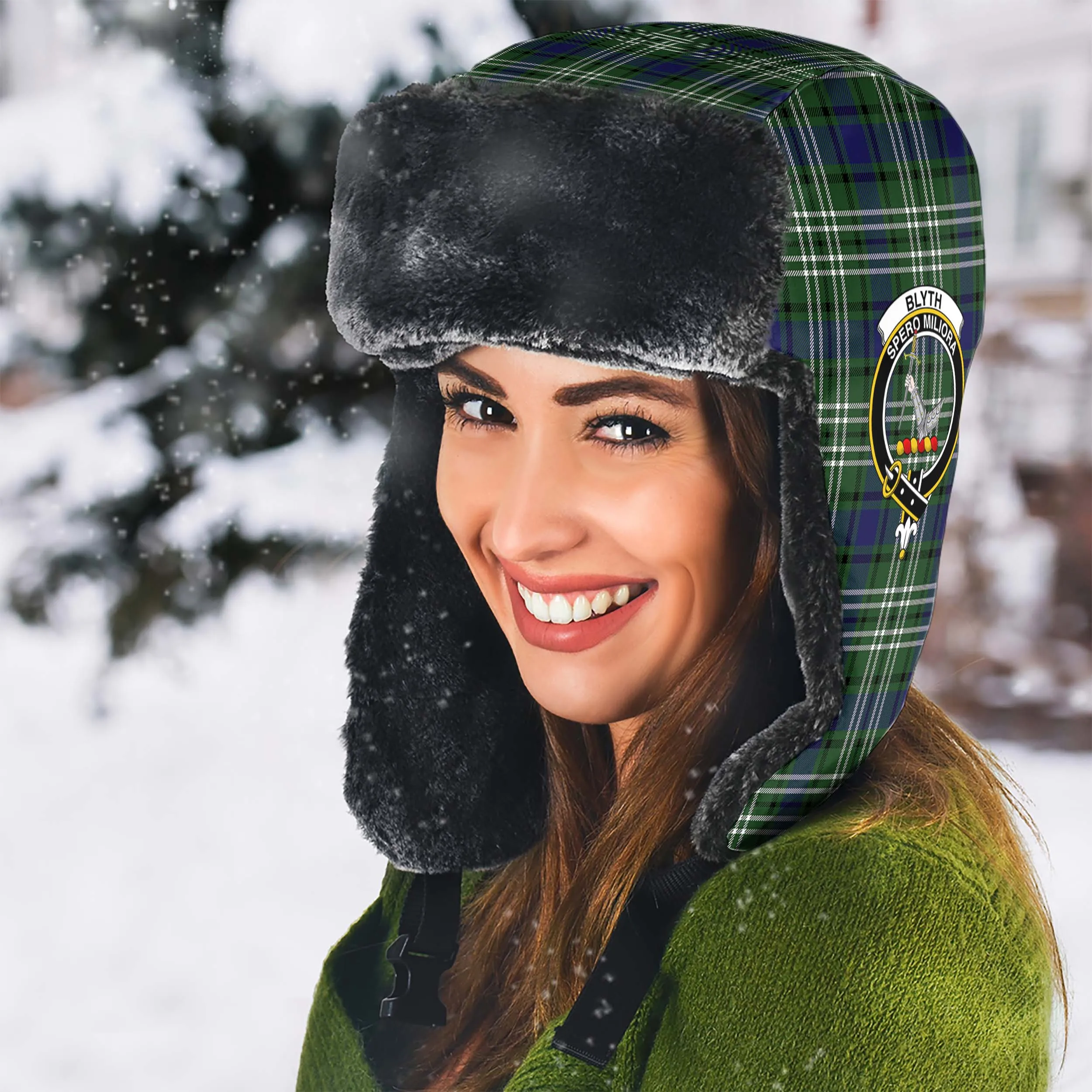 Blyth Tartan Winter Trapper Hat with Family Crest