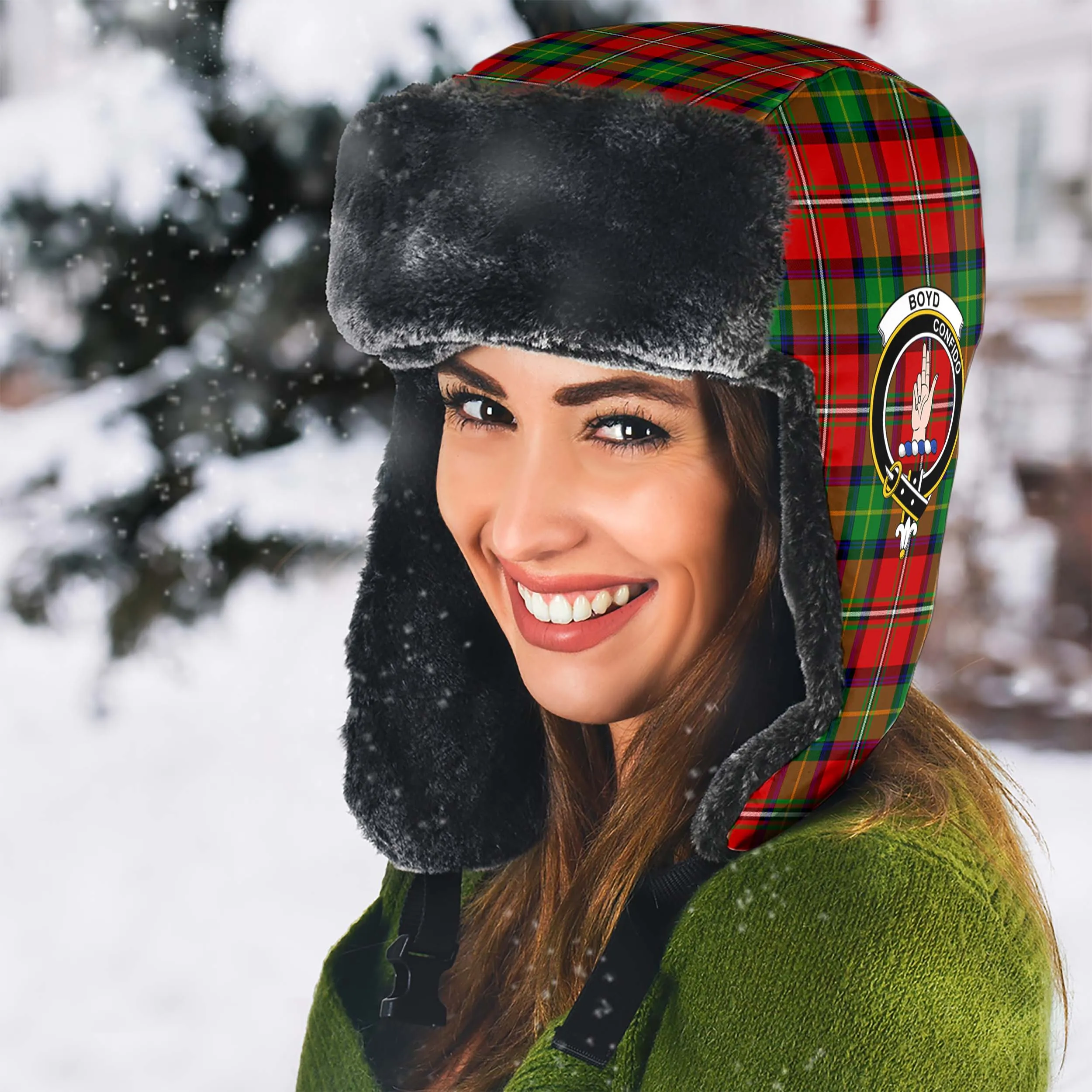 Boyd Tartan Winter Trapper Hat with Family Crest