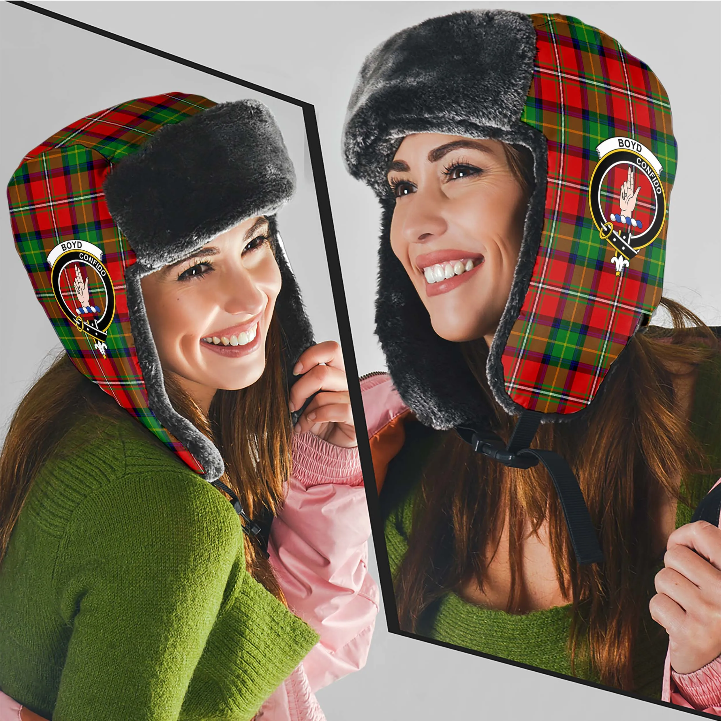 Boyd Tartan Winter Trapper Hat with Family Crest