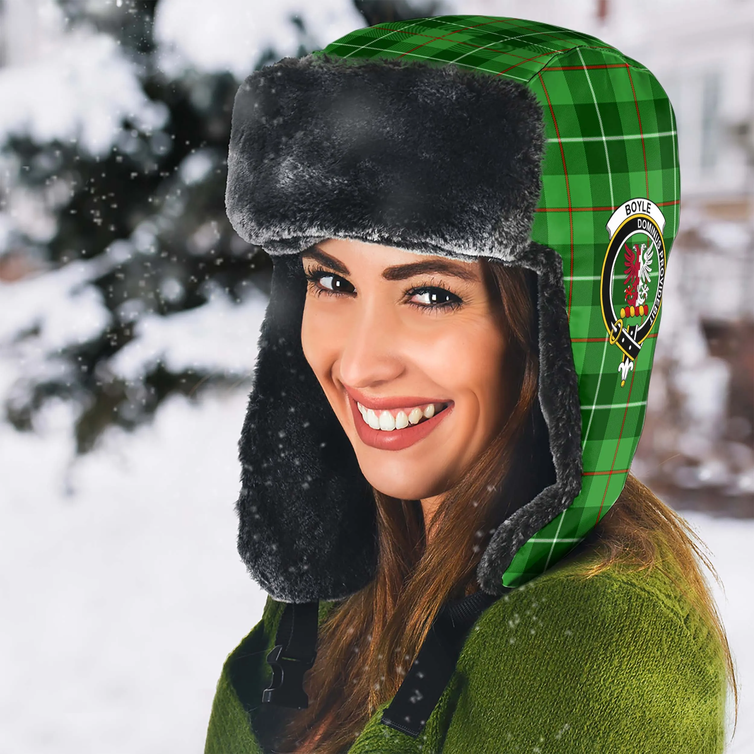 Boyle Tartan Winter Trapper Hat with Family Crest