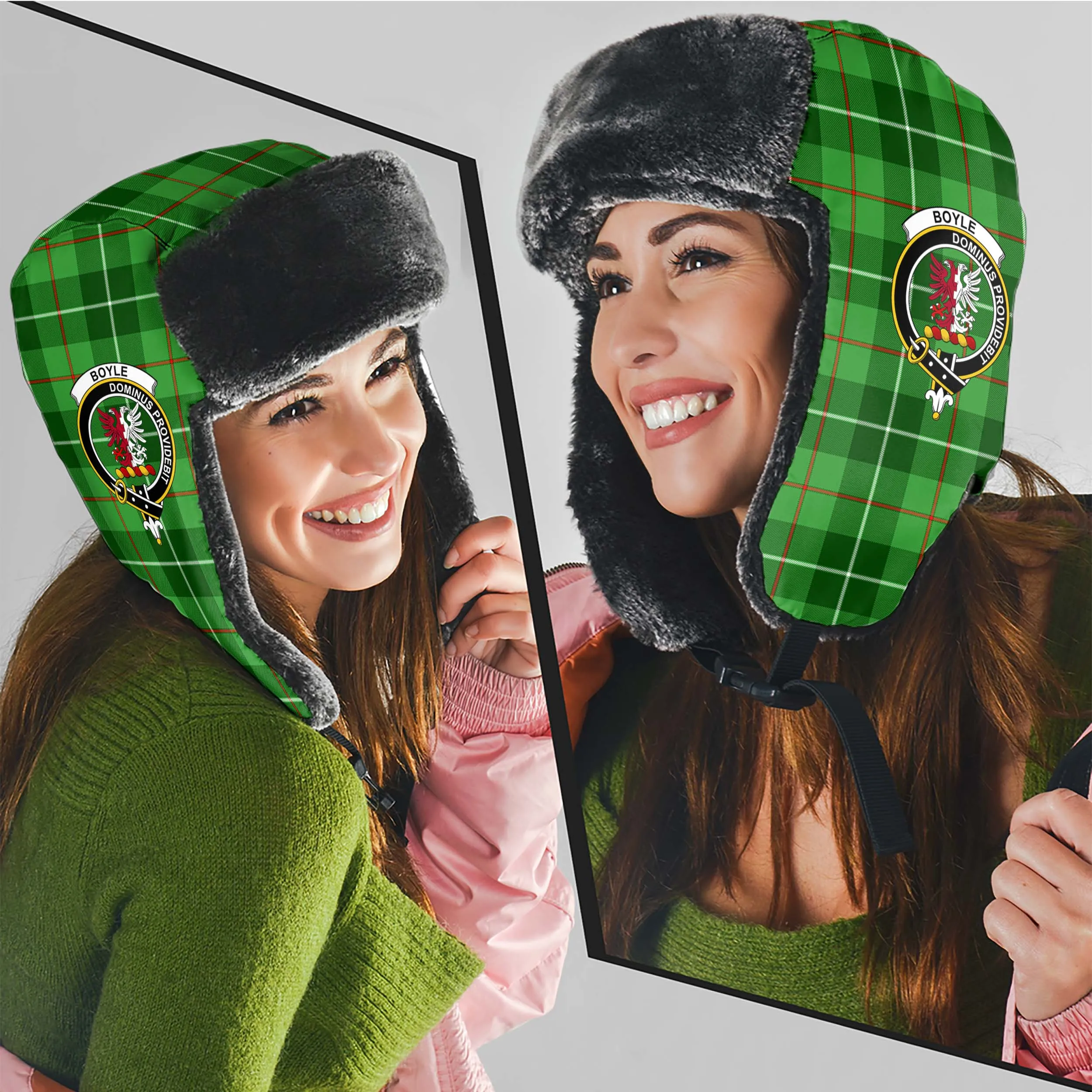 Boyle Tartan Winter Trapper Hat with Family Crest