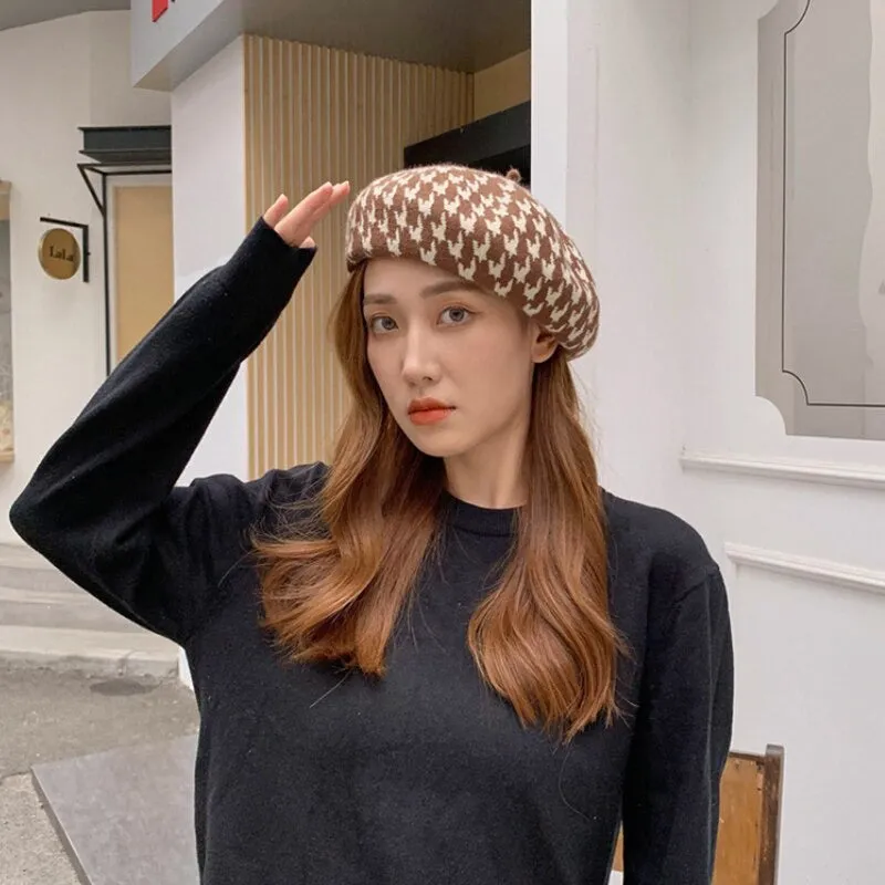 Chic and Preppy Houndstooth Pattern Winter Beret Hats