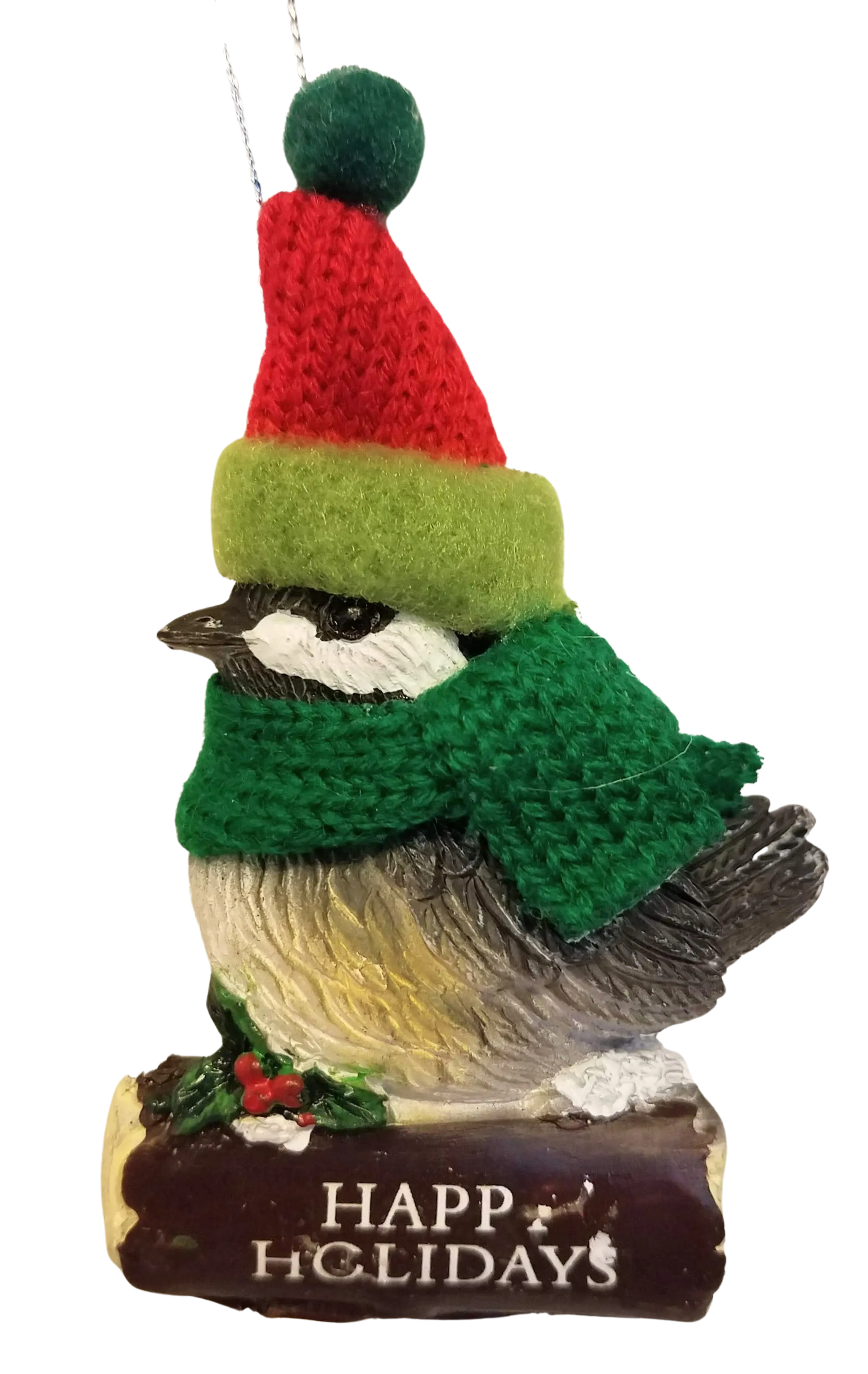 Cozy Bird with Green Scarf and Santa Hat Ornament 3"-Happy Holidays