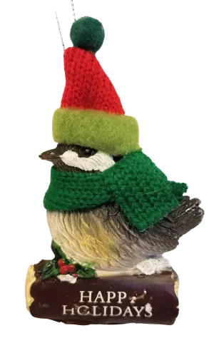 Cozy Bird with Green Scarf and Santa Hat Ornament 3"-Happy Holidays