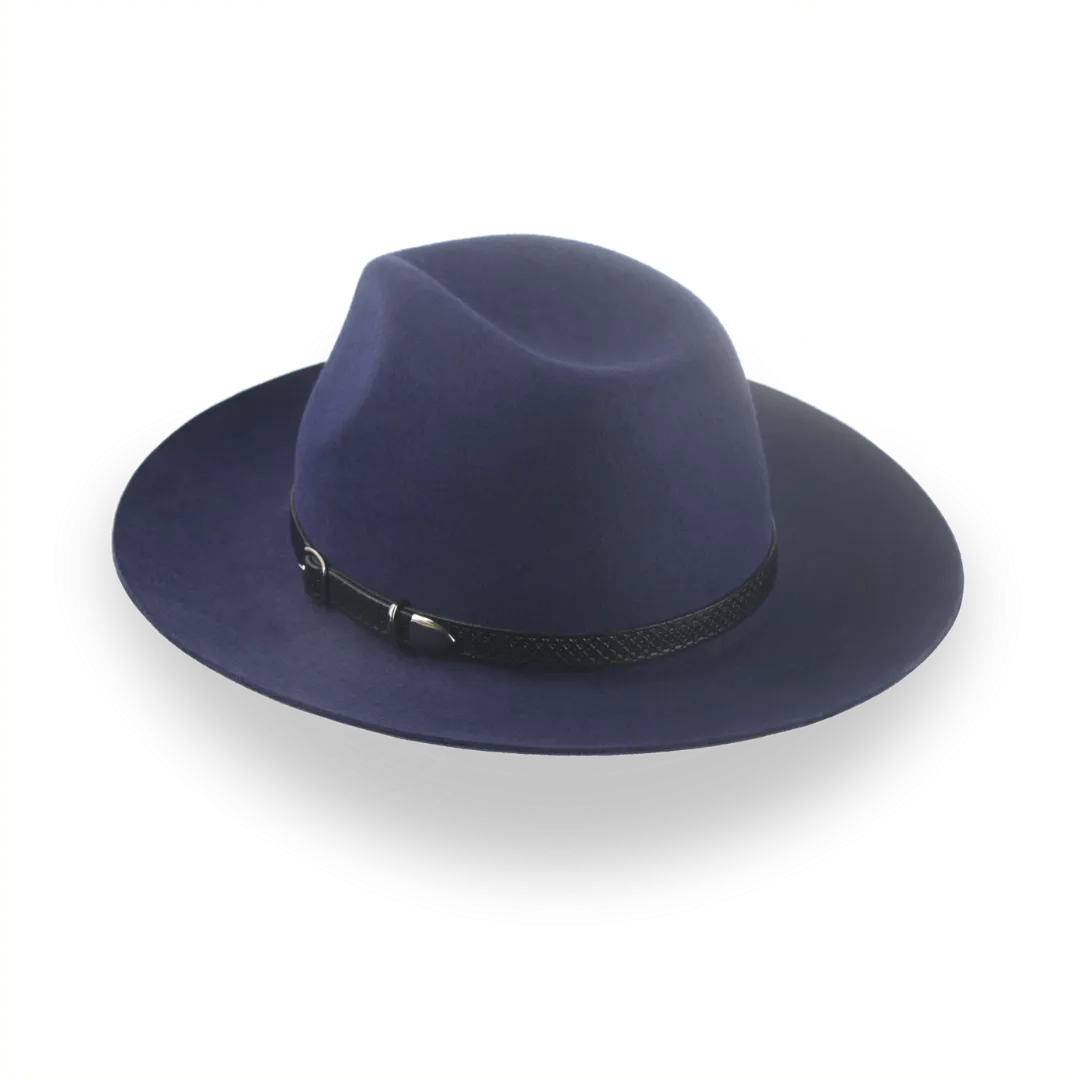 Dark Blue Outback Fur Felt Fedora with Leather Hat Belt | The Rebel