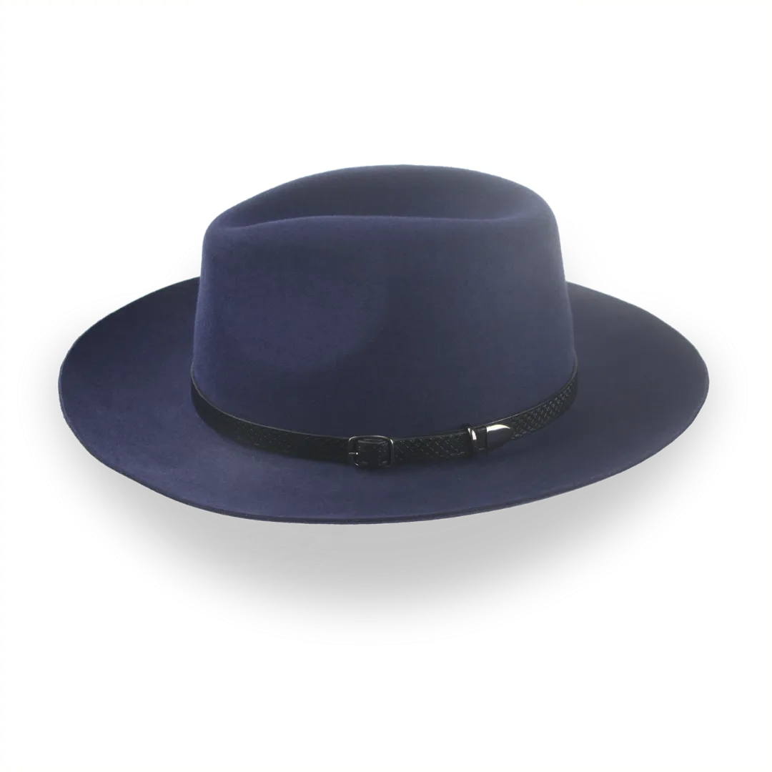 Dark Blue Outback Fur Felt Fedora with Leather Hat Belt | The Rebel