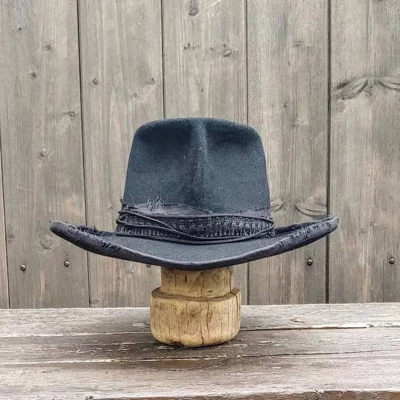 Distressed Fedora Solid Color with Rope Ribbon and Conical Crown