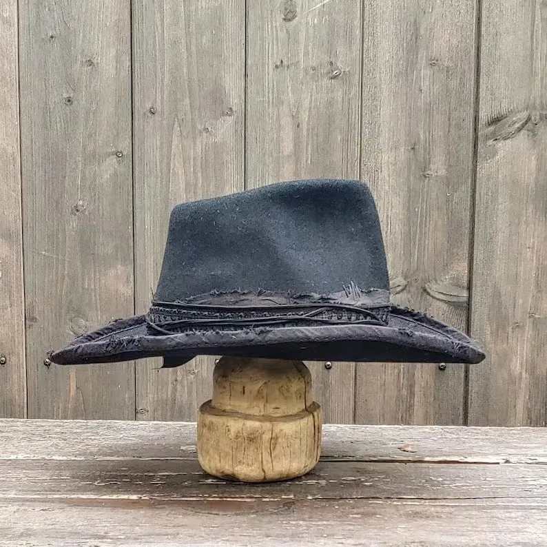 Distressed Fedora Solid Color with Rope Ribbon and Conical Crown