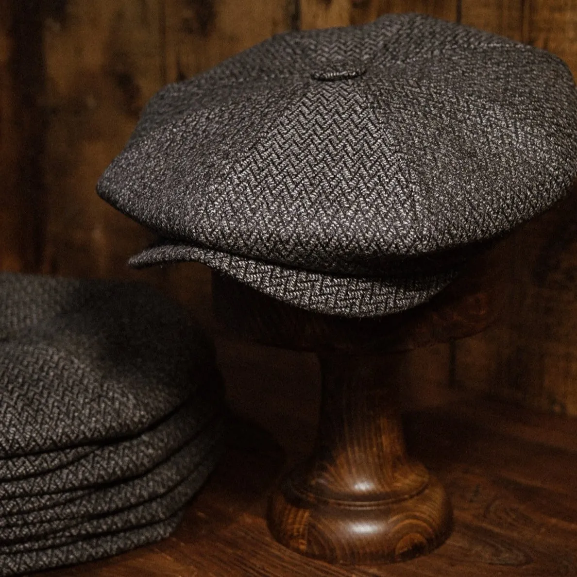 Eight Piece Grey Herringbone Lightweight Wool Newsboy Cap