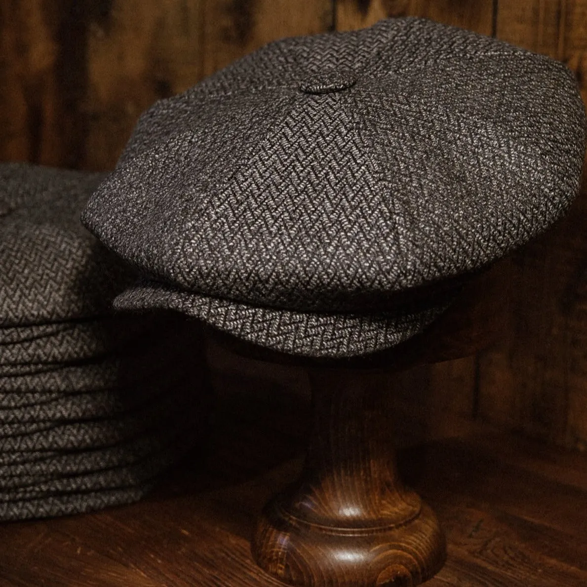 Eight Piece Grey Herringbone Lightweight Wool Newsboy Cap