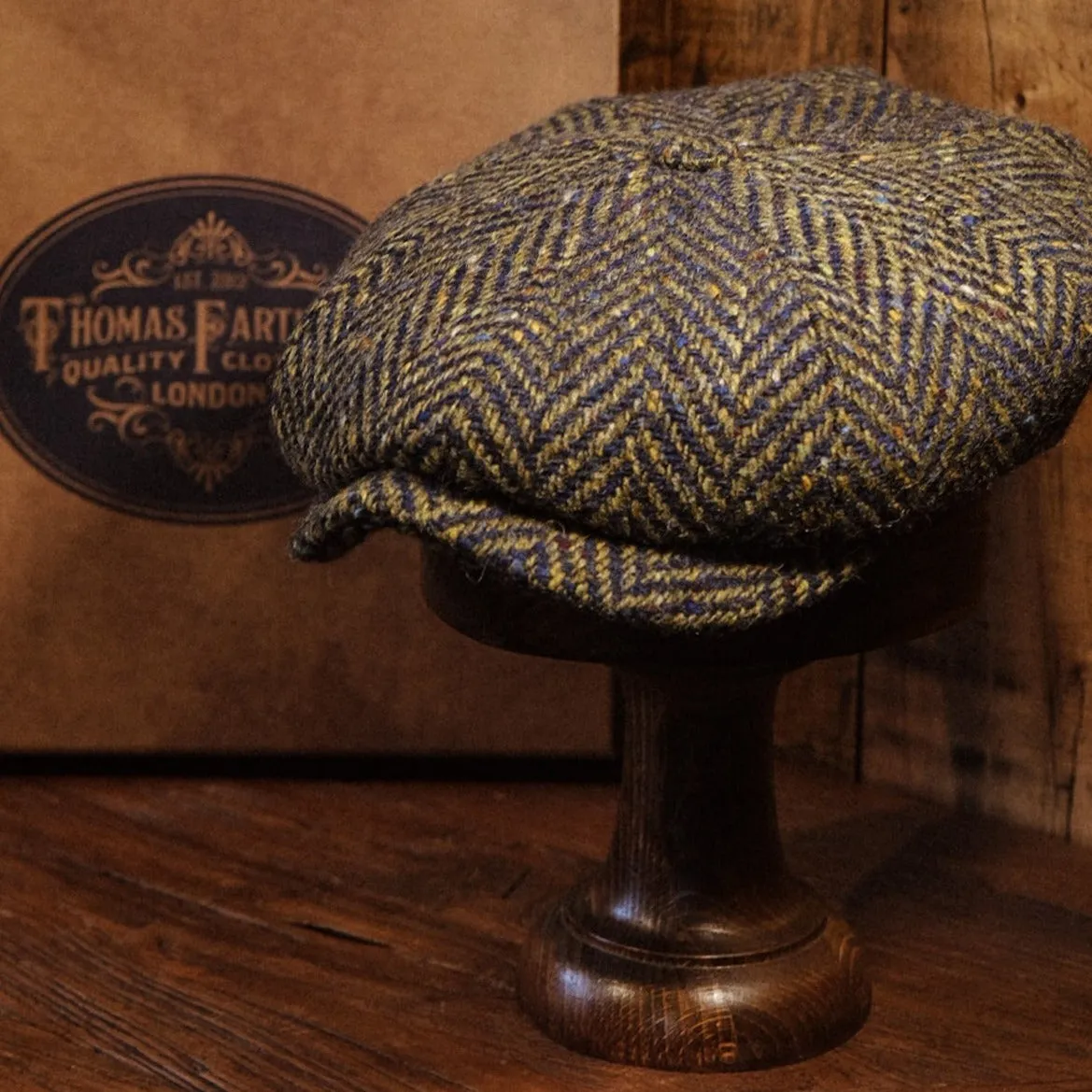 Eight Piece Navy & Green Herringbone Wool Newsboy Cap