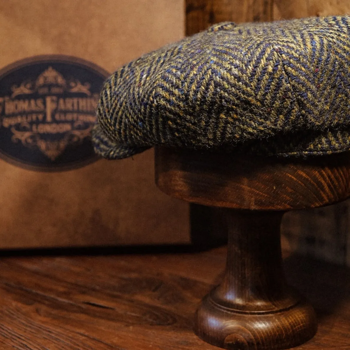 Eight Piece Navy & Green Herringbone Wool Newsboy Cap