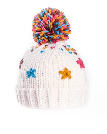 Girls Maggie Knitted Bottle Hat with Sewn Flowers - Cream