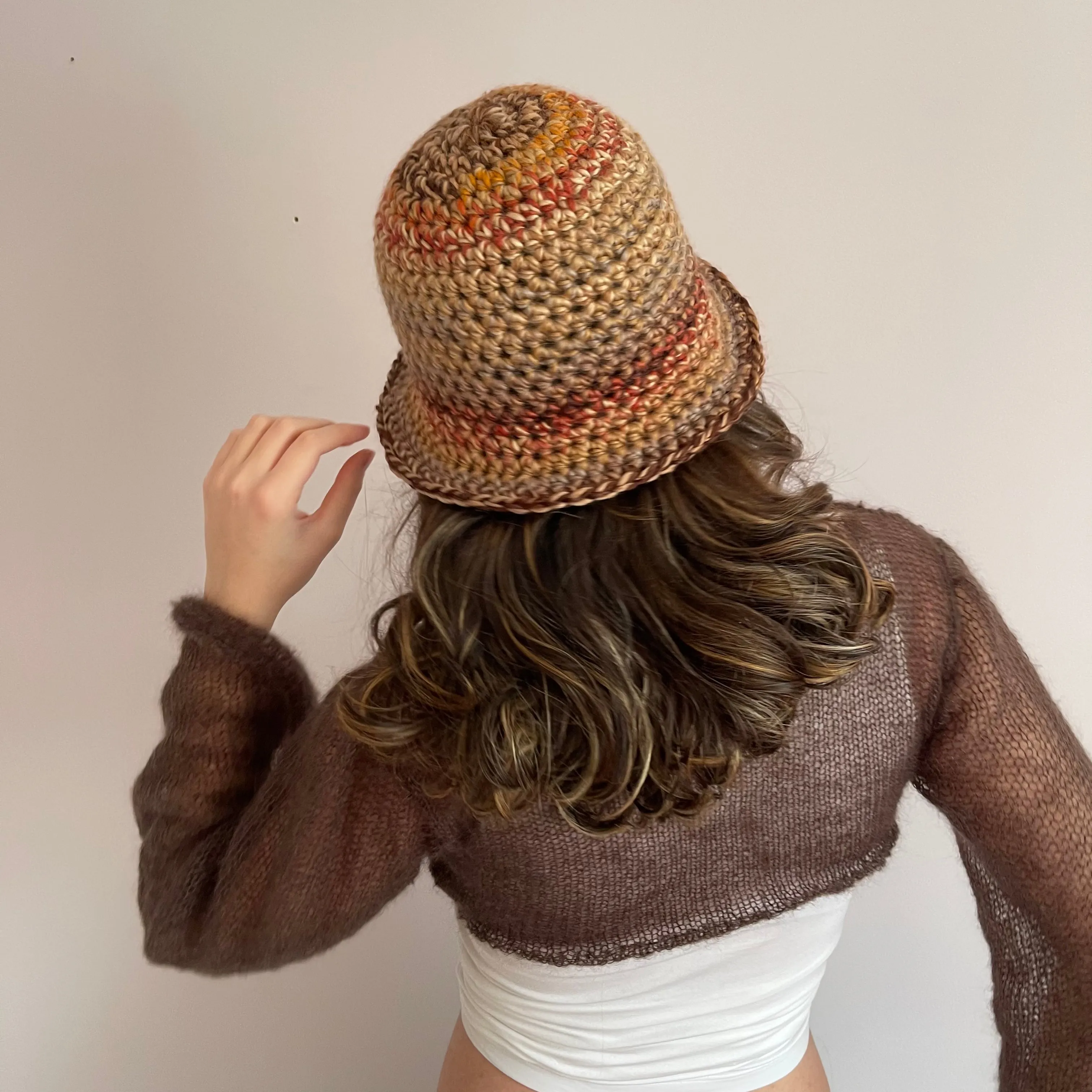 Handmade brown, burnt orange and mustard yellow chunky crochet bucket hat