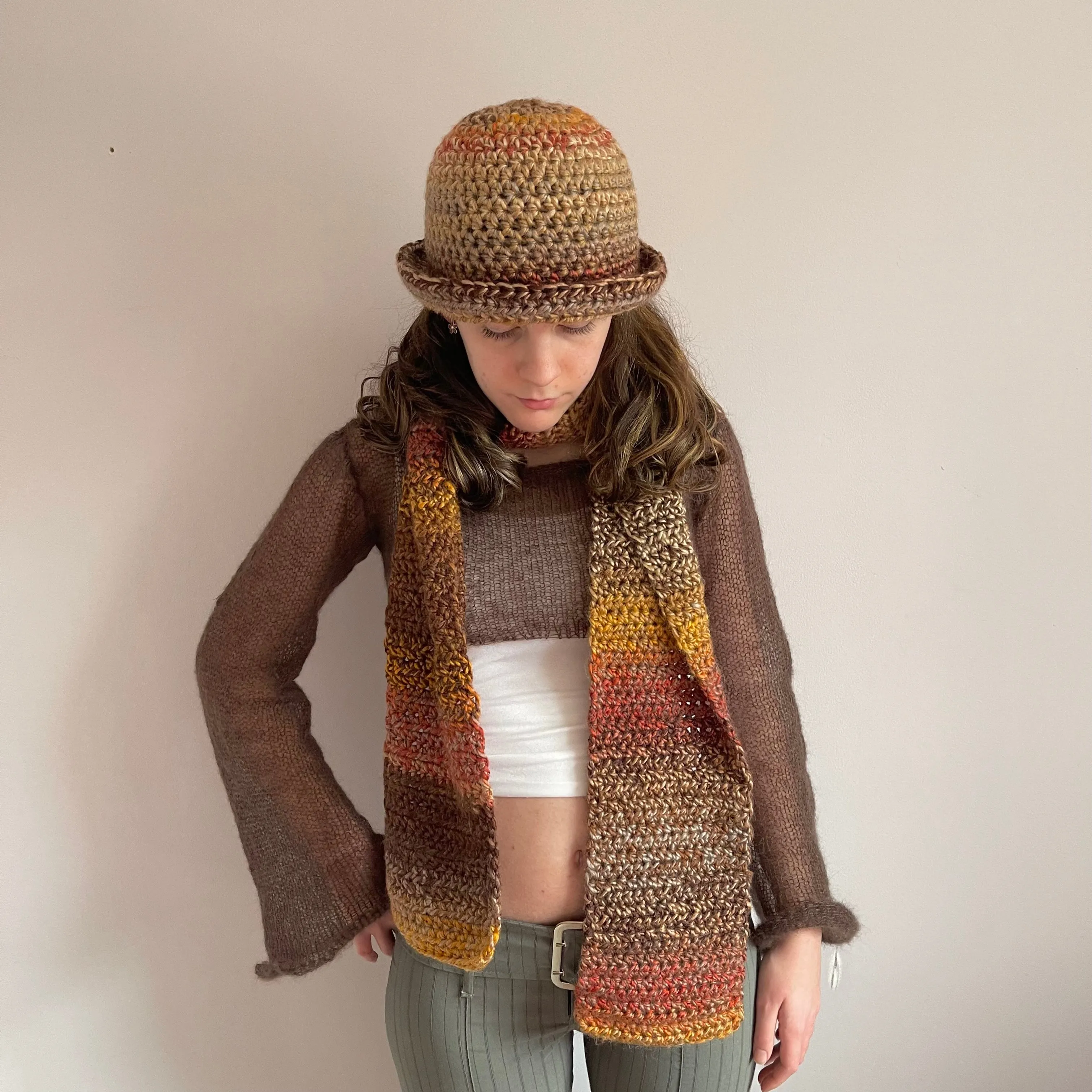 Handmade brown, burnt orange and mustard yellow chunky crochet bucket hat