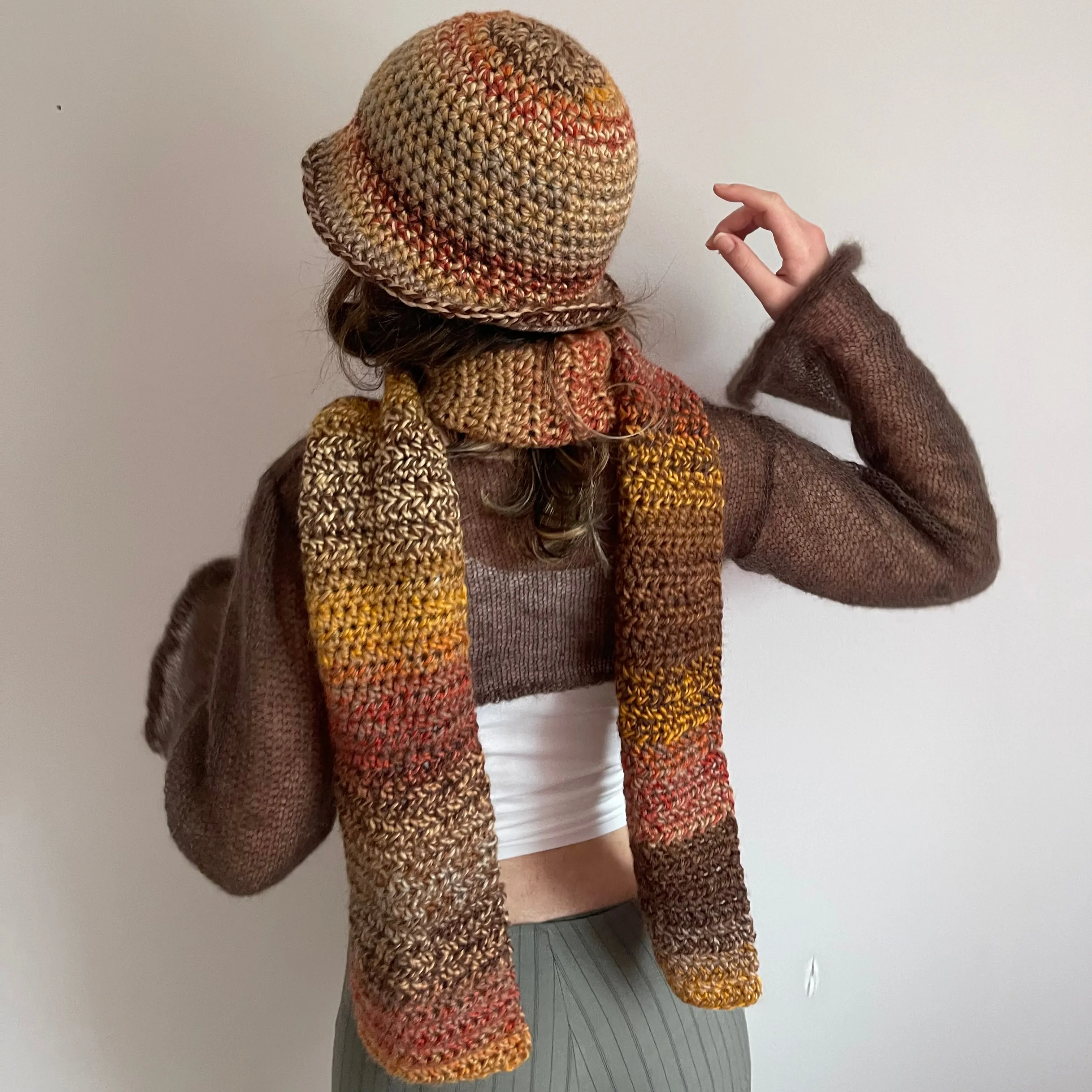 Handmade brown, burnt orange and mustard yellow chunky crochet bucket hat