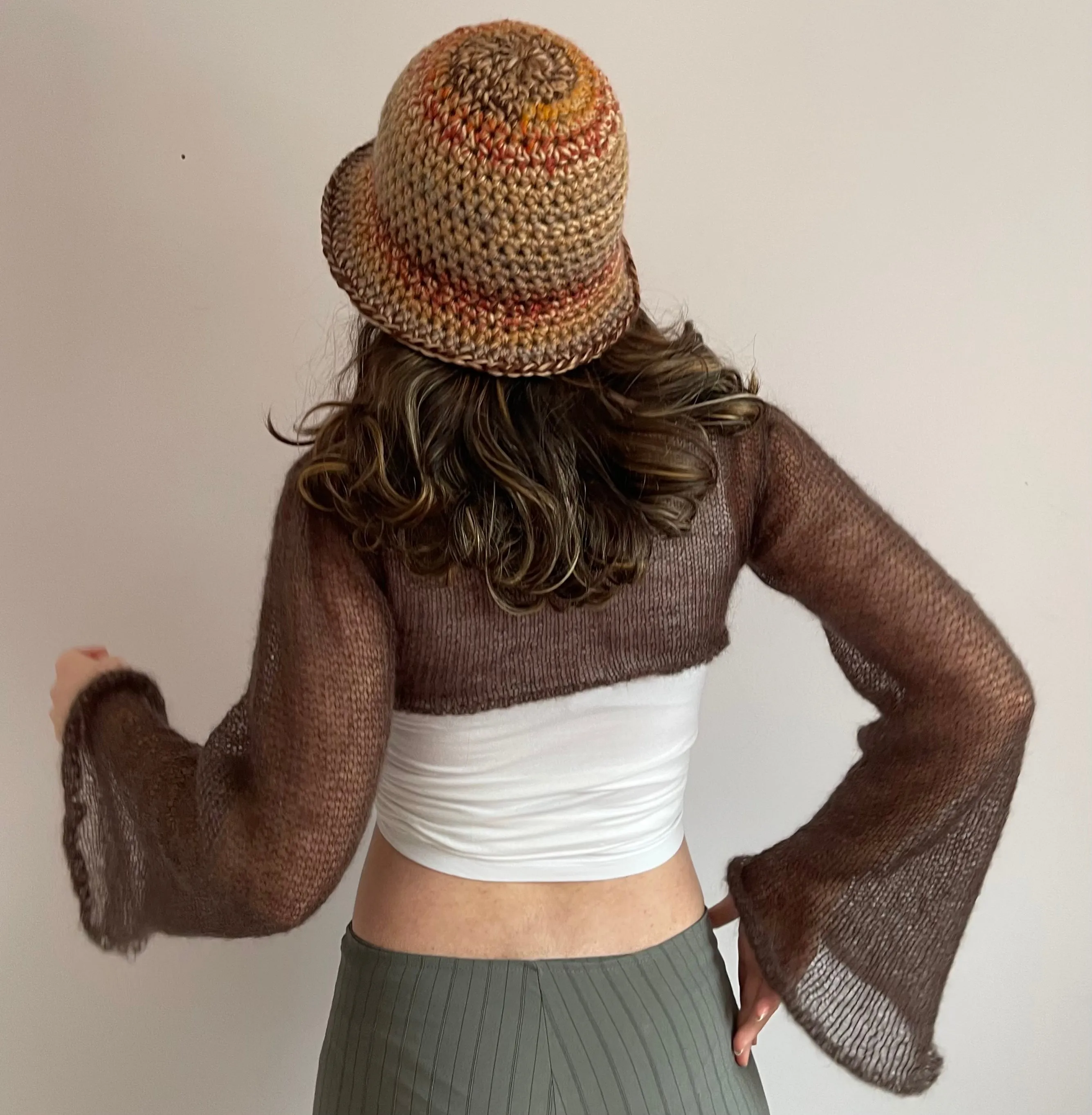 Handmade brown, burnt orange and mustard yellow chunky crochet bucket hat