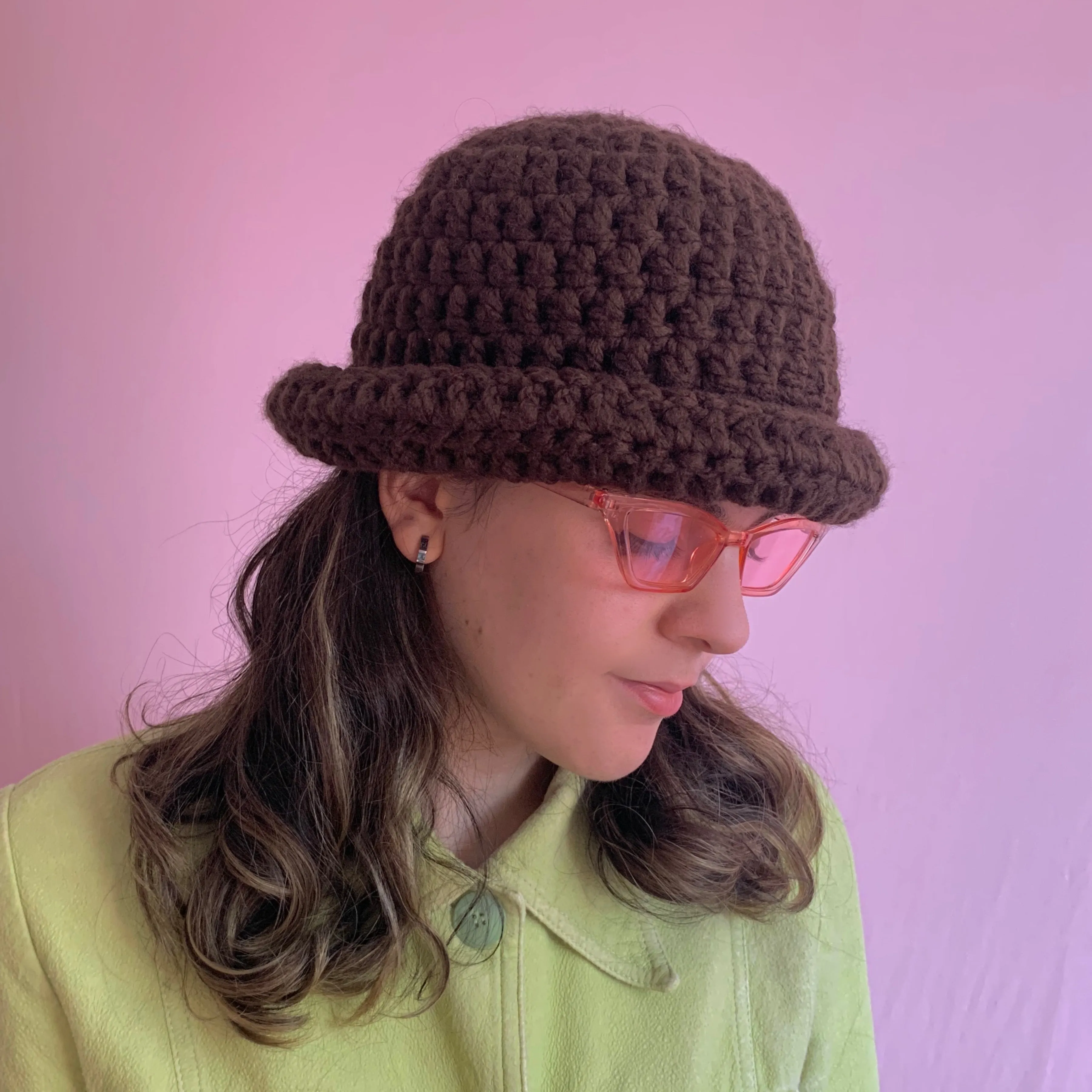 Handmade brown chunky crochet bowler hat