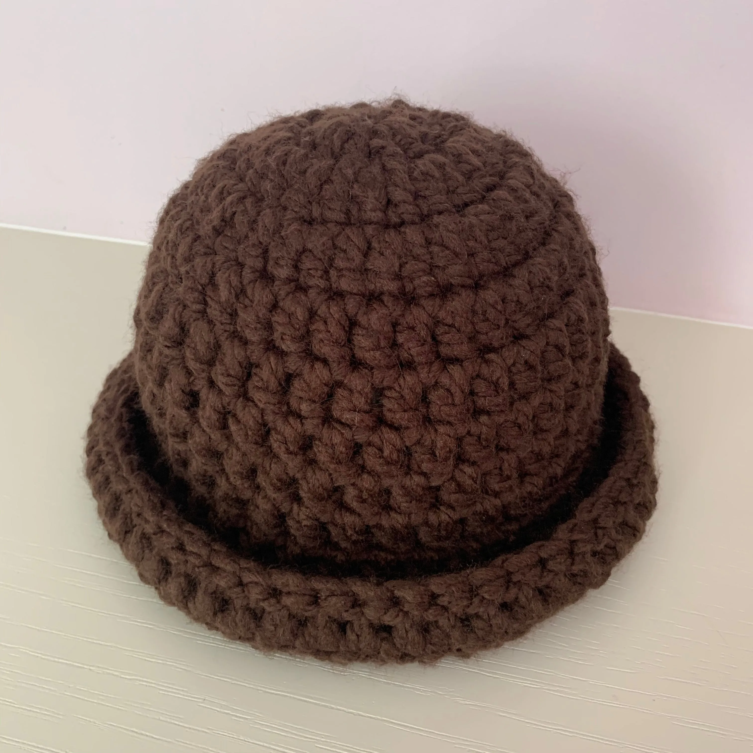 Handmade brown chunky crochet bowler hat