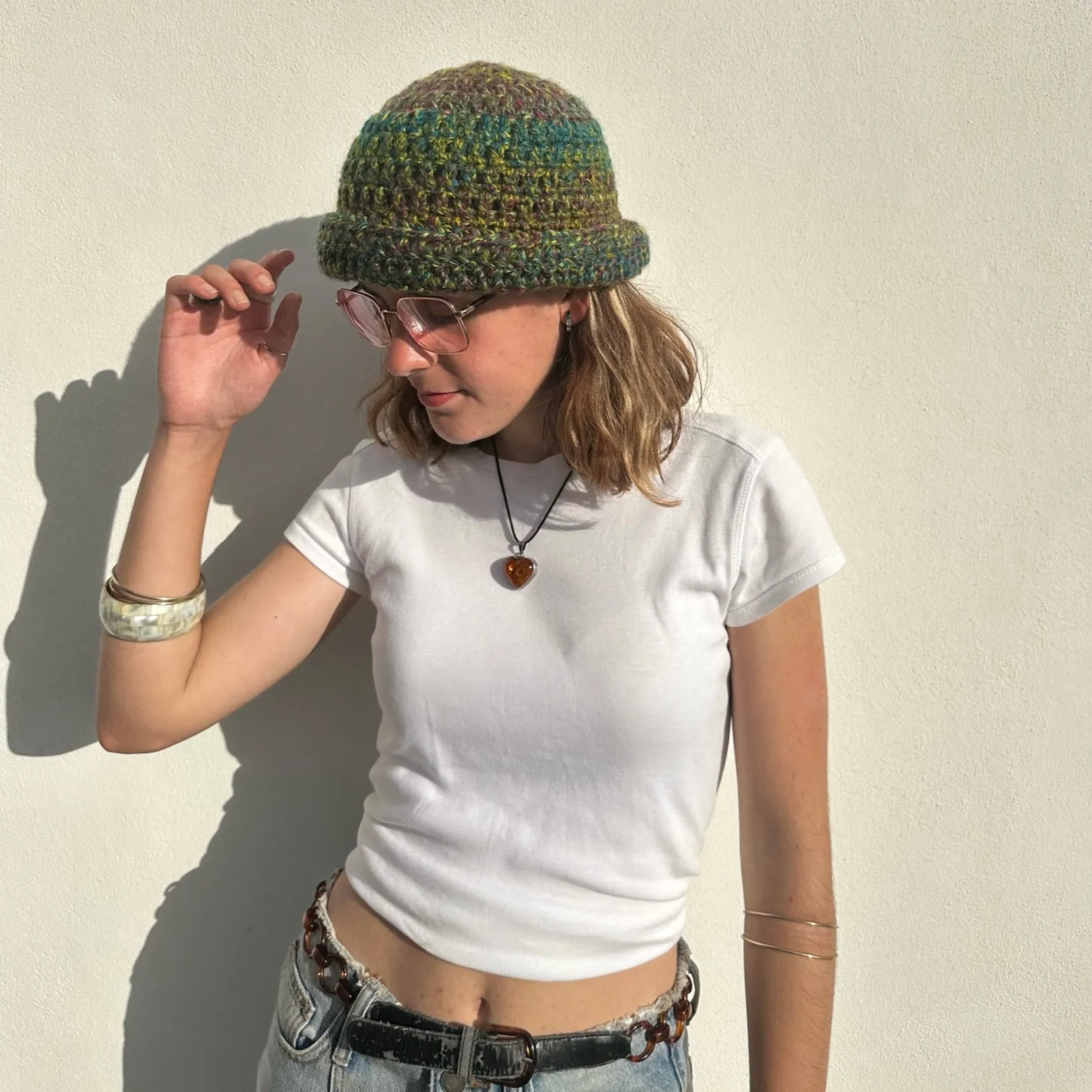 Handmade green and purple chunky crochet bowler hat