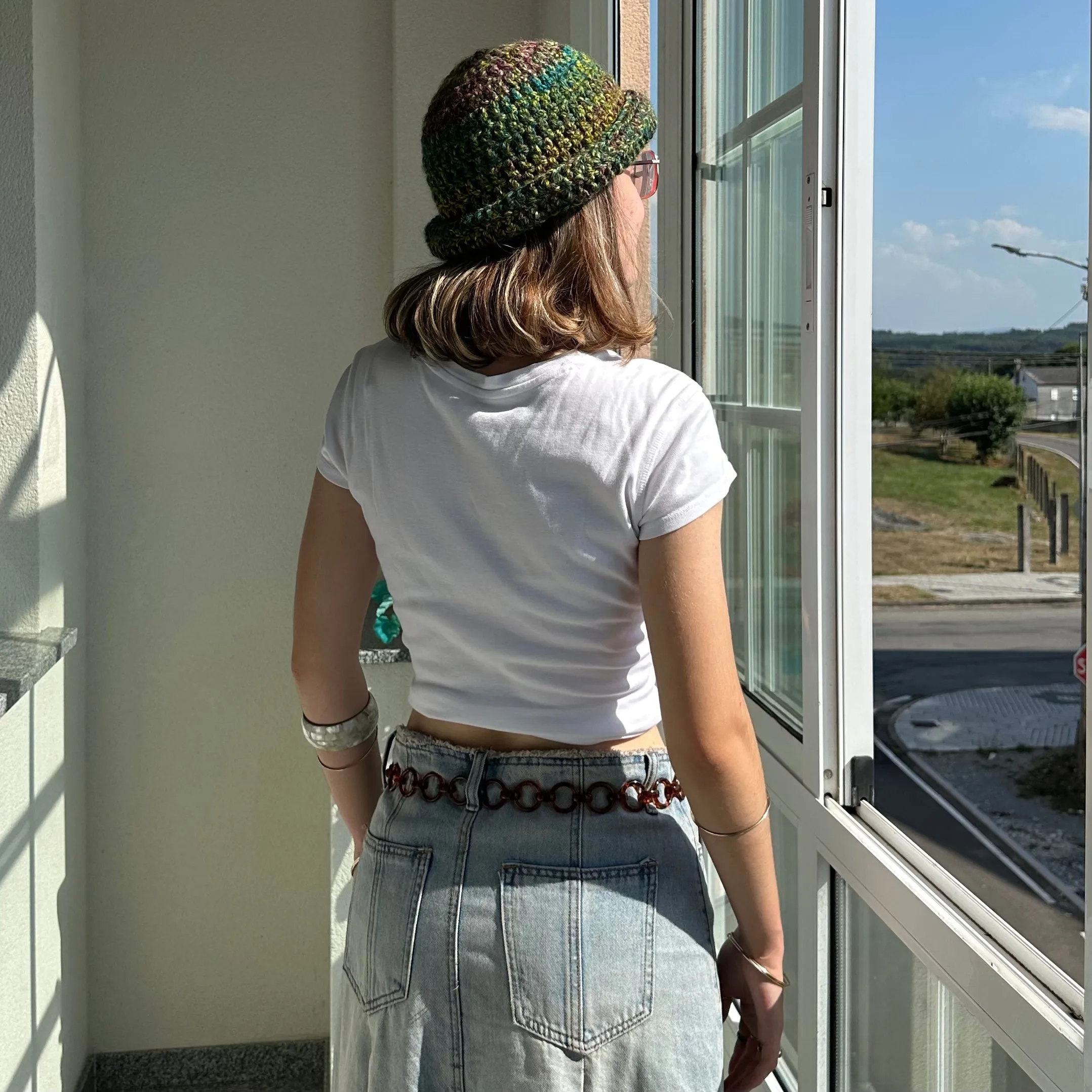 Handmade green and purple chunky crochet bowler hat