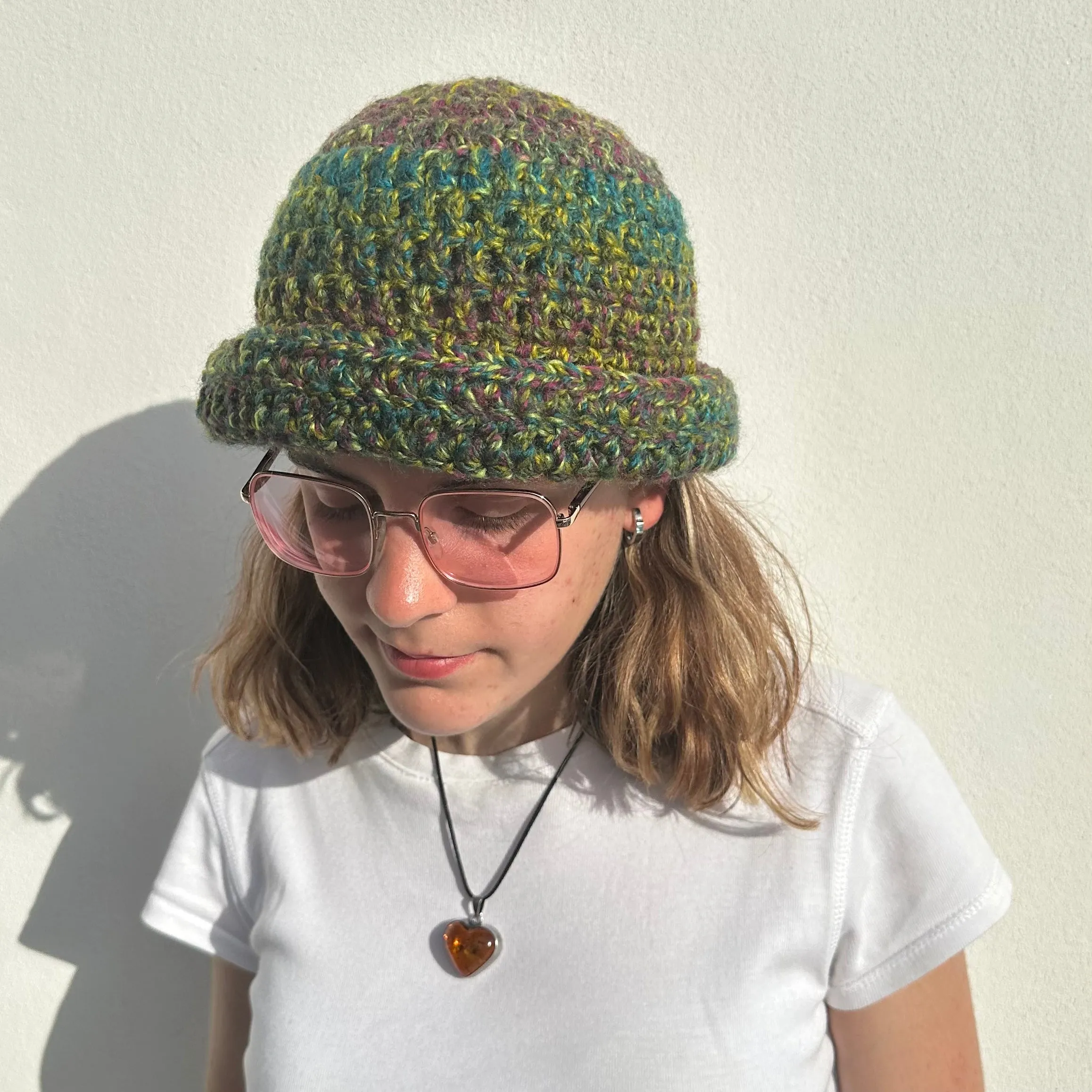 Handmade green and purple chunky crochet bowler hat