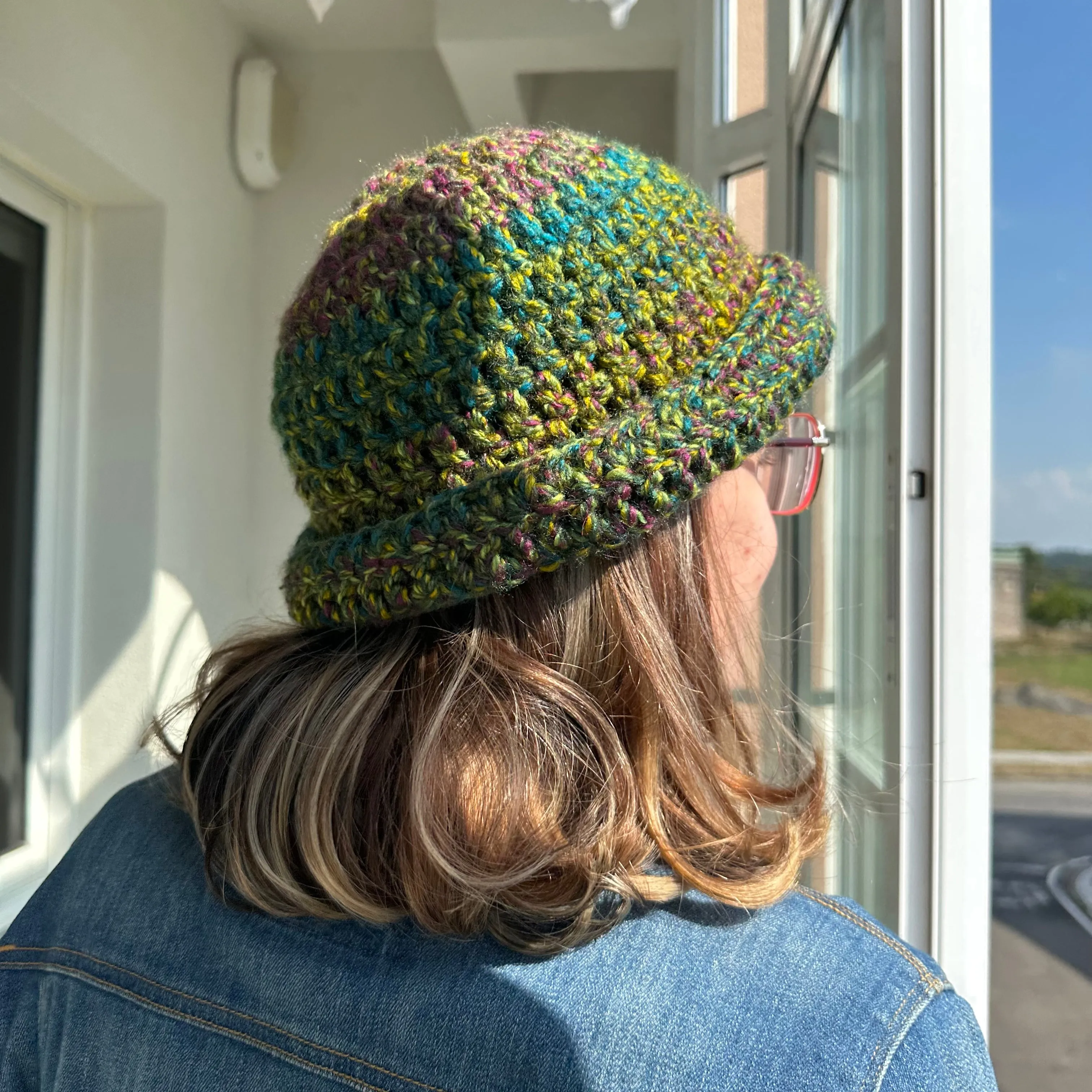 Handmade green and purple chunky crochet bowler hat