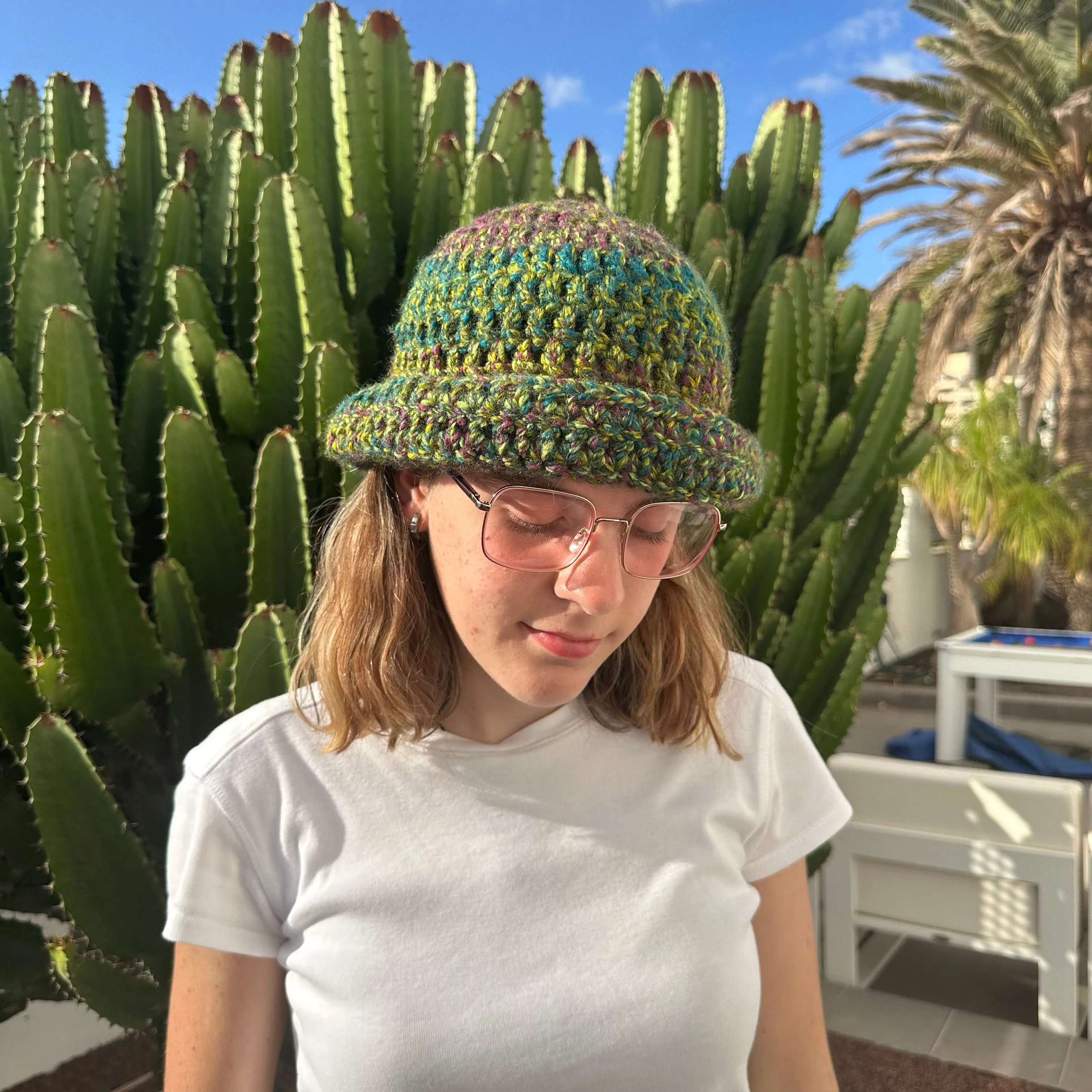 Handmade green and purple chunky crochet bowler hat