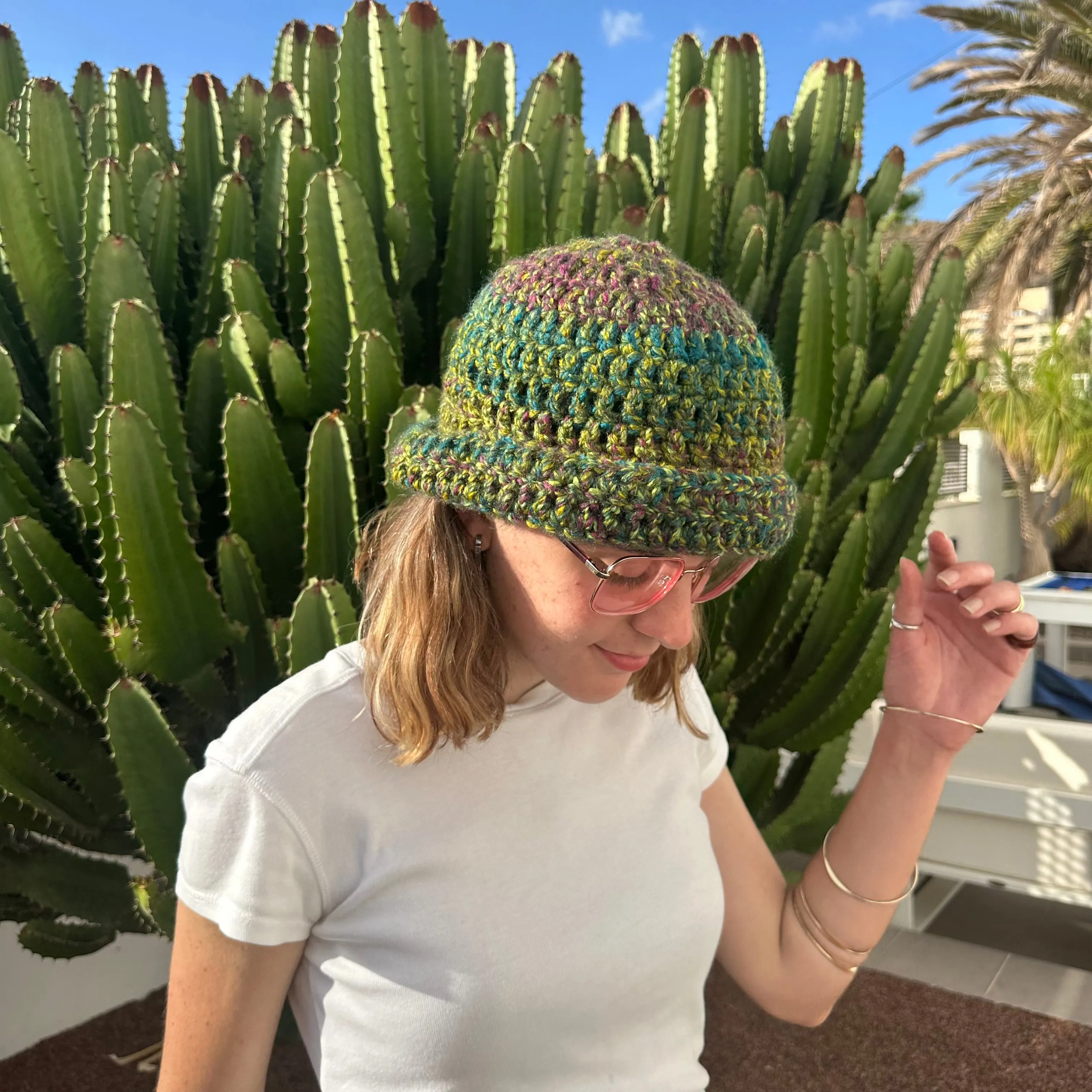 Handmade green and purple chunky crochet bowler hat