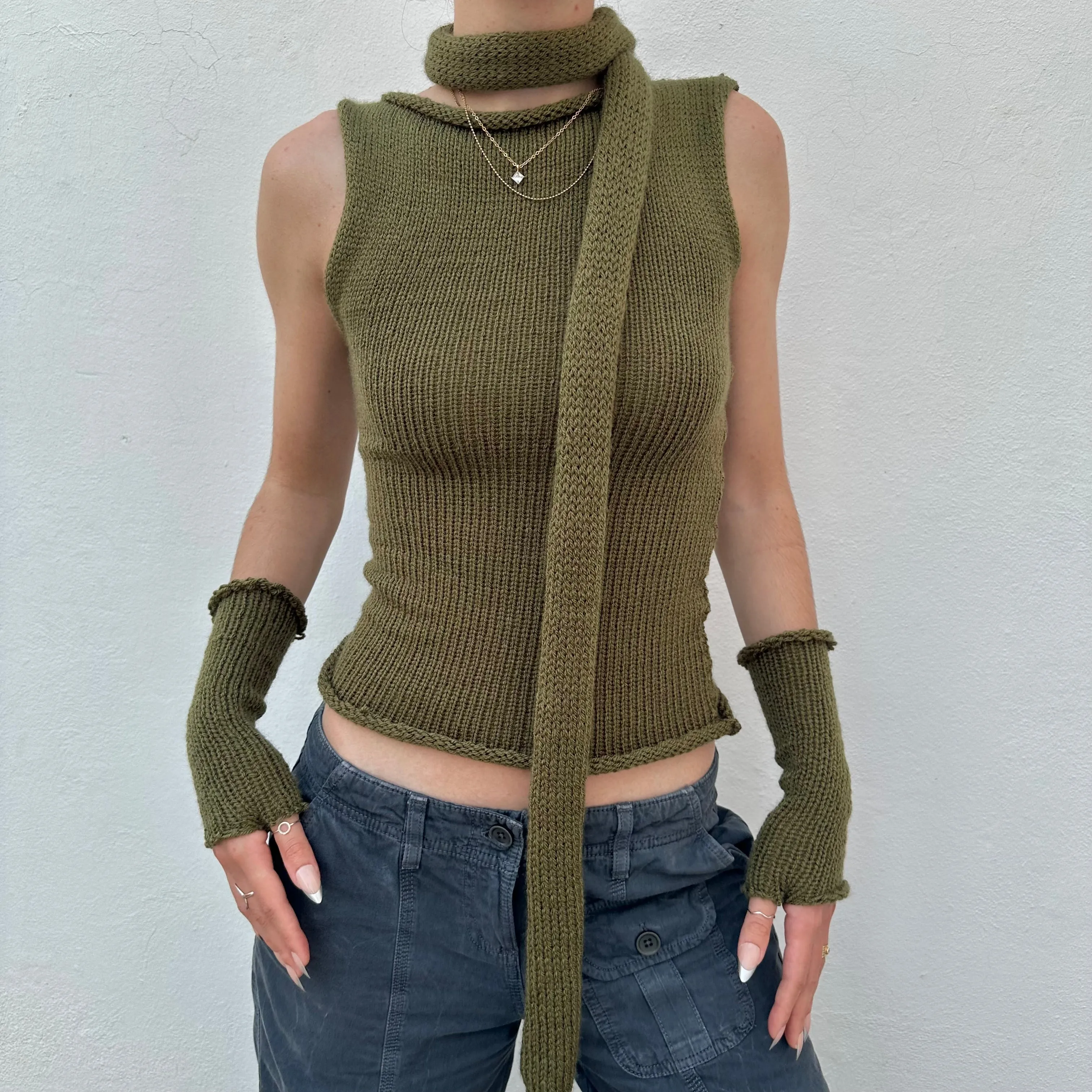 Handmade knitted khaki green hand warmers