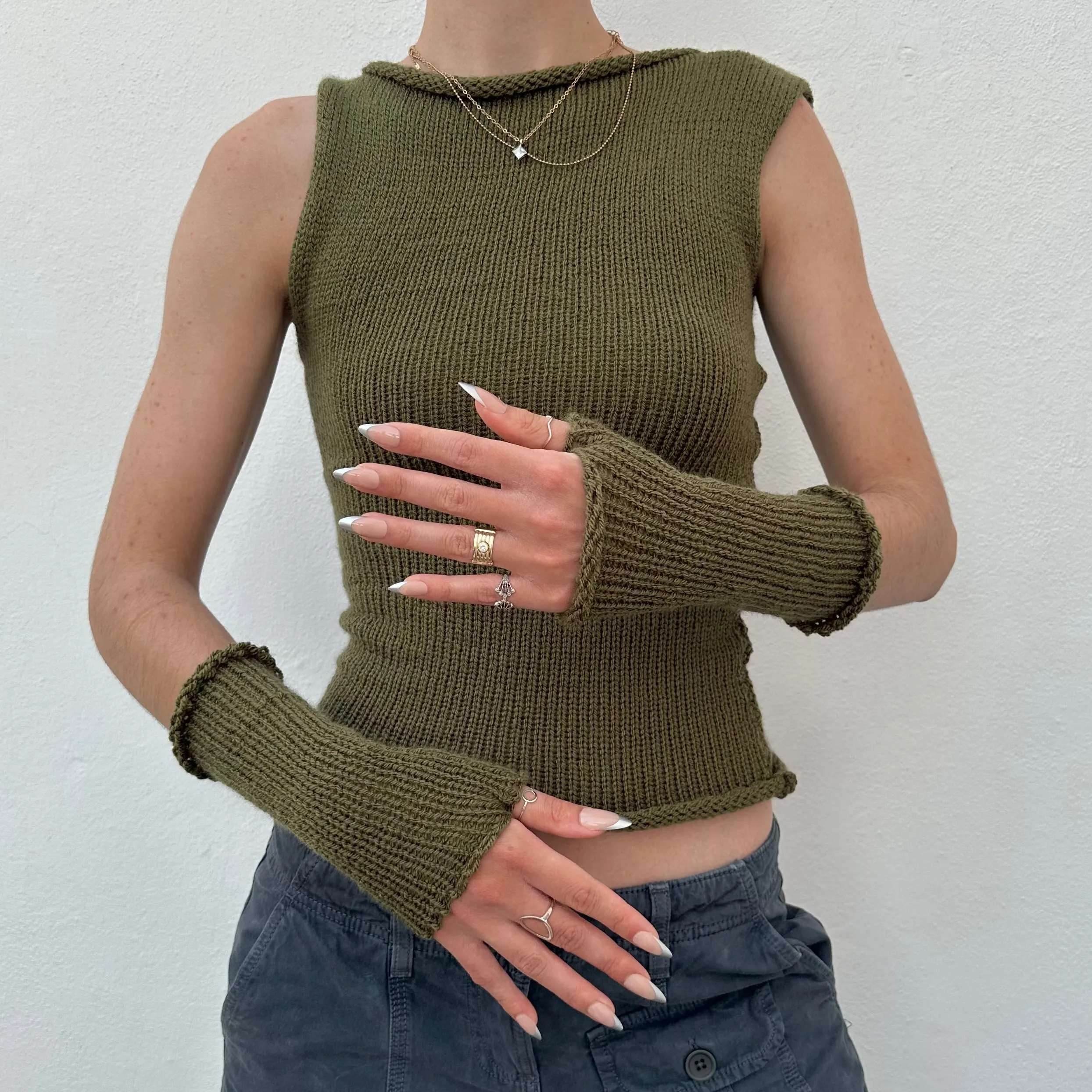 Handmade knitted khaki green hand warmers