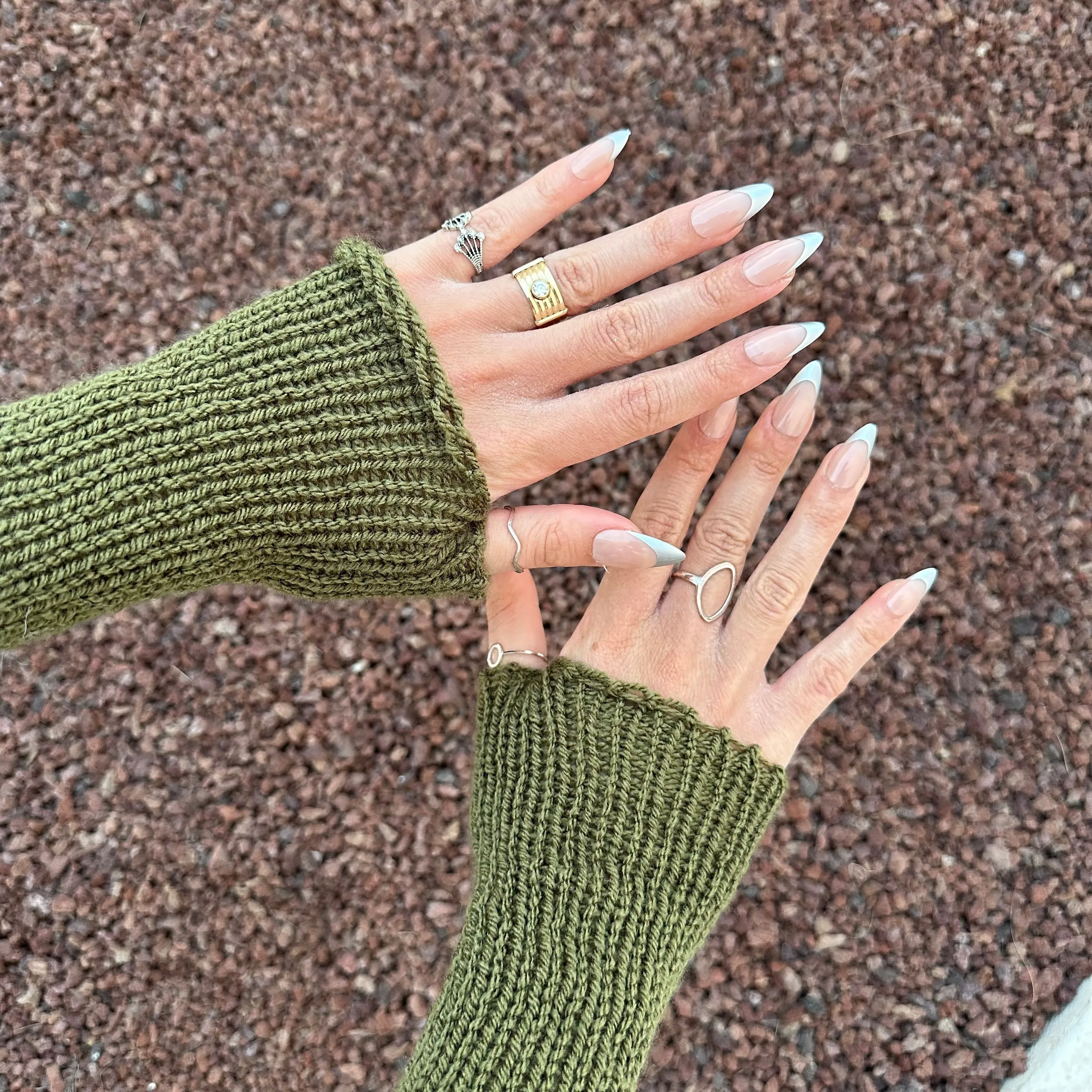 Handmade knitted khaki green hand warmers