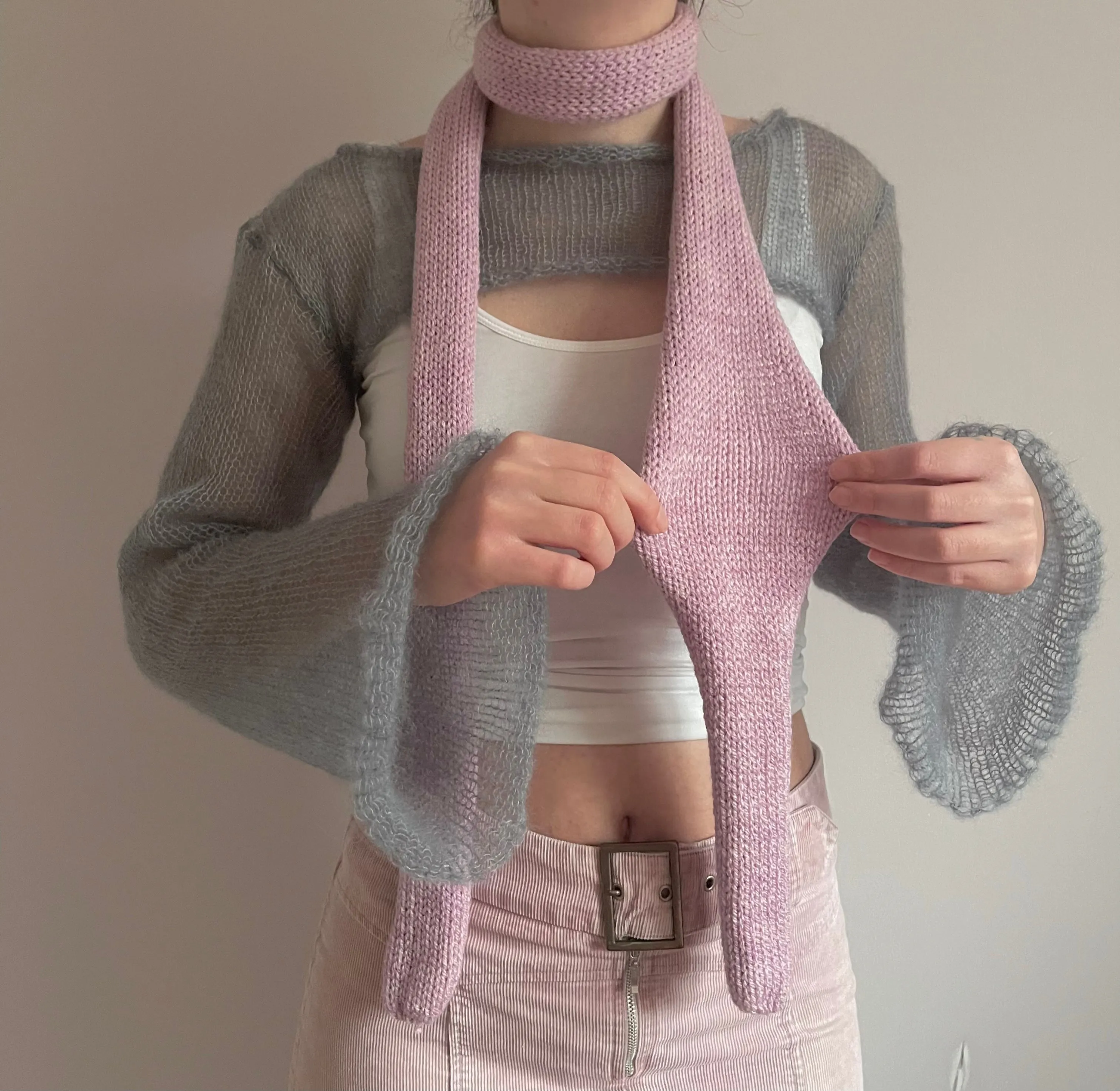 Handmade knitted skinny scarf in dusky pink