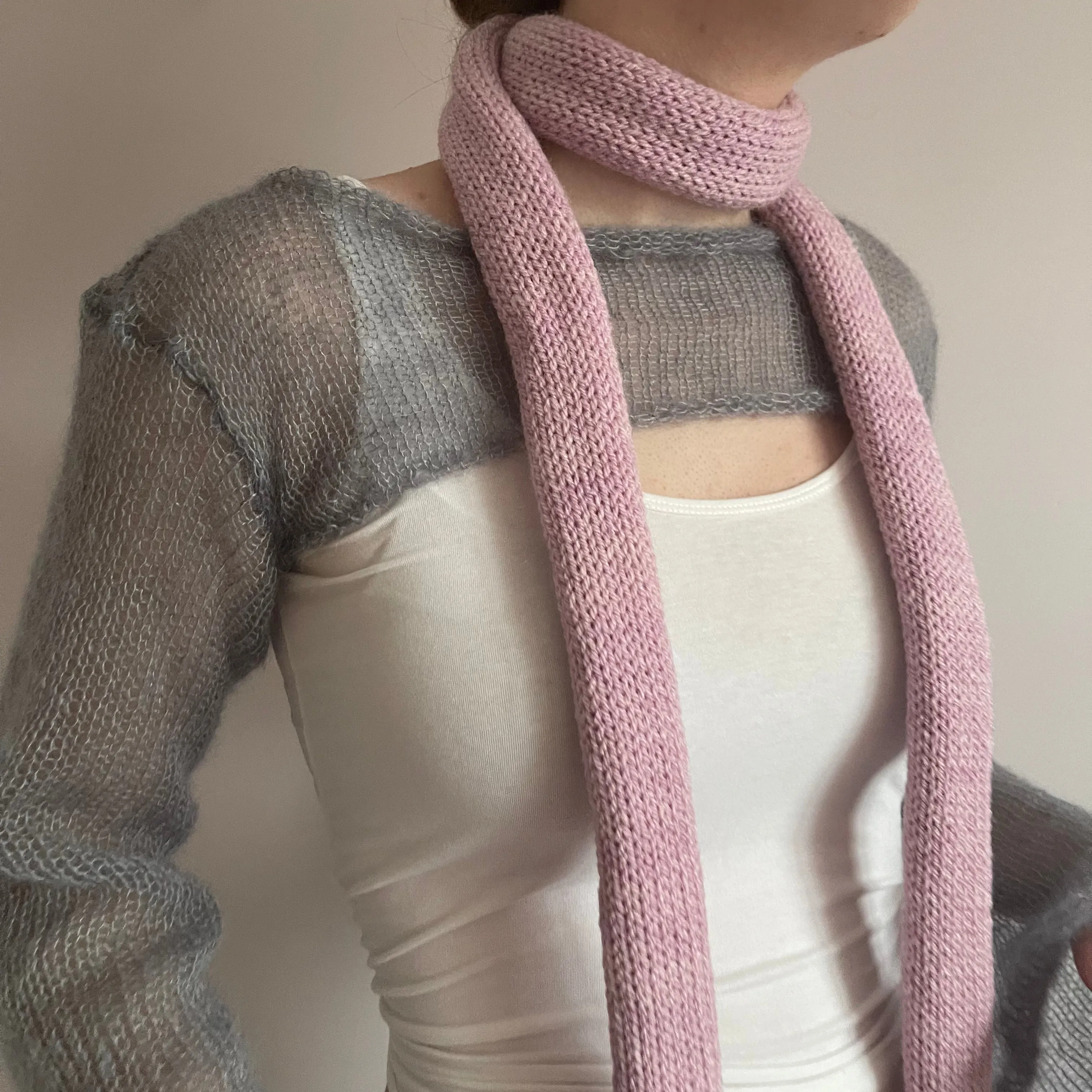 Handmade knitted skinny scarf in dusky pink