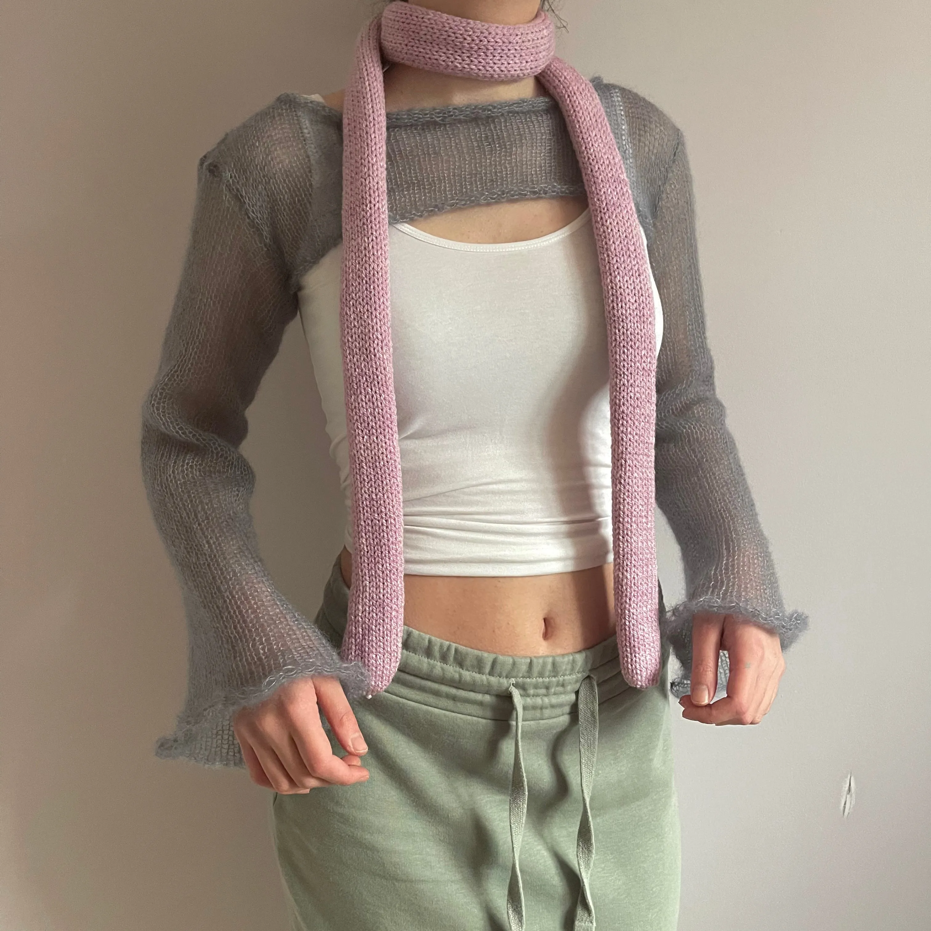 Handmade knitted skinny scarf in dusky pink