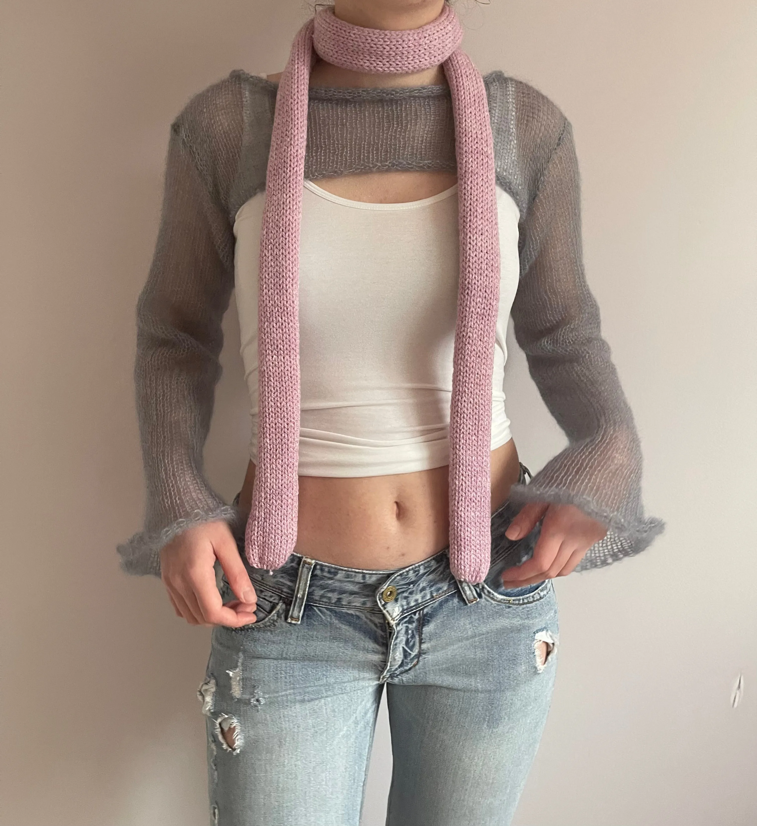 Handmade knitted skinny scarf in dusky pink