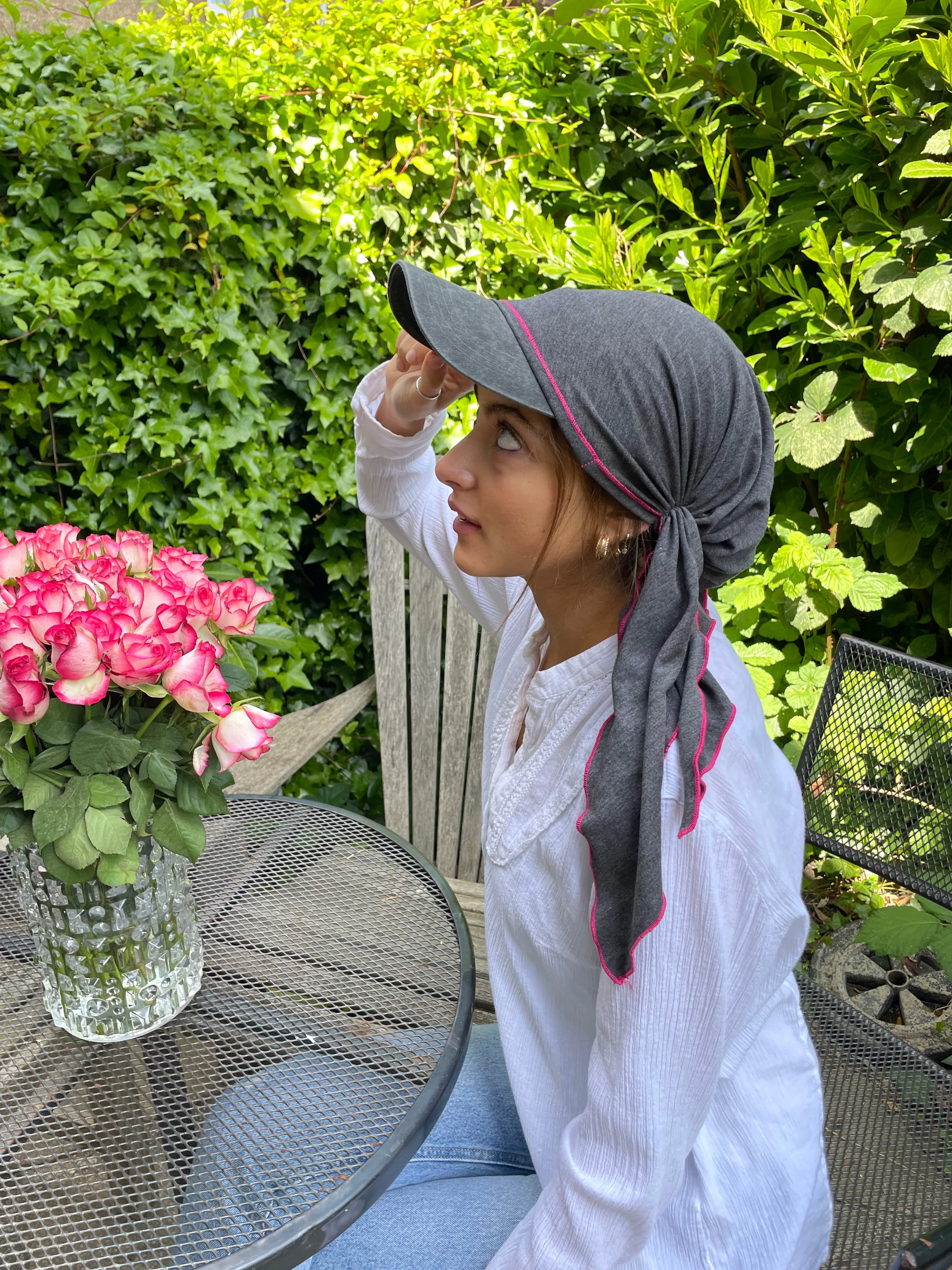 Hat With Brim | Baseball Cap Grey Pink Casual Sun Visor Scarf. Made in USA