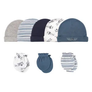 Hudson Baby Cotton Cap and Scratch Mitten Set, Aviation