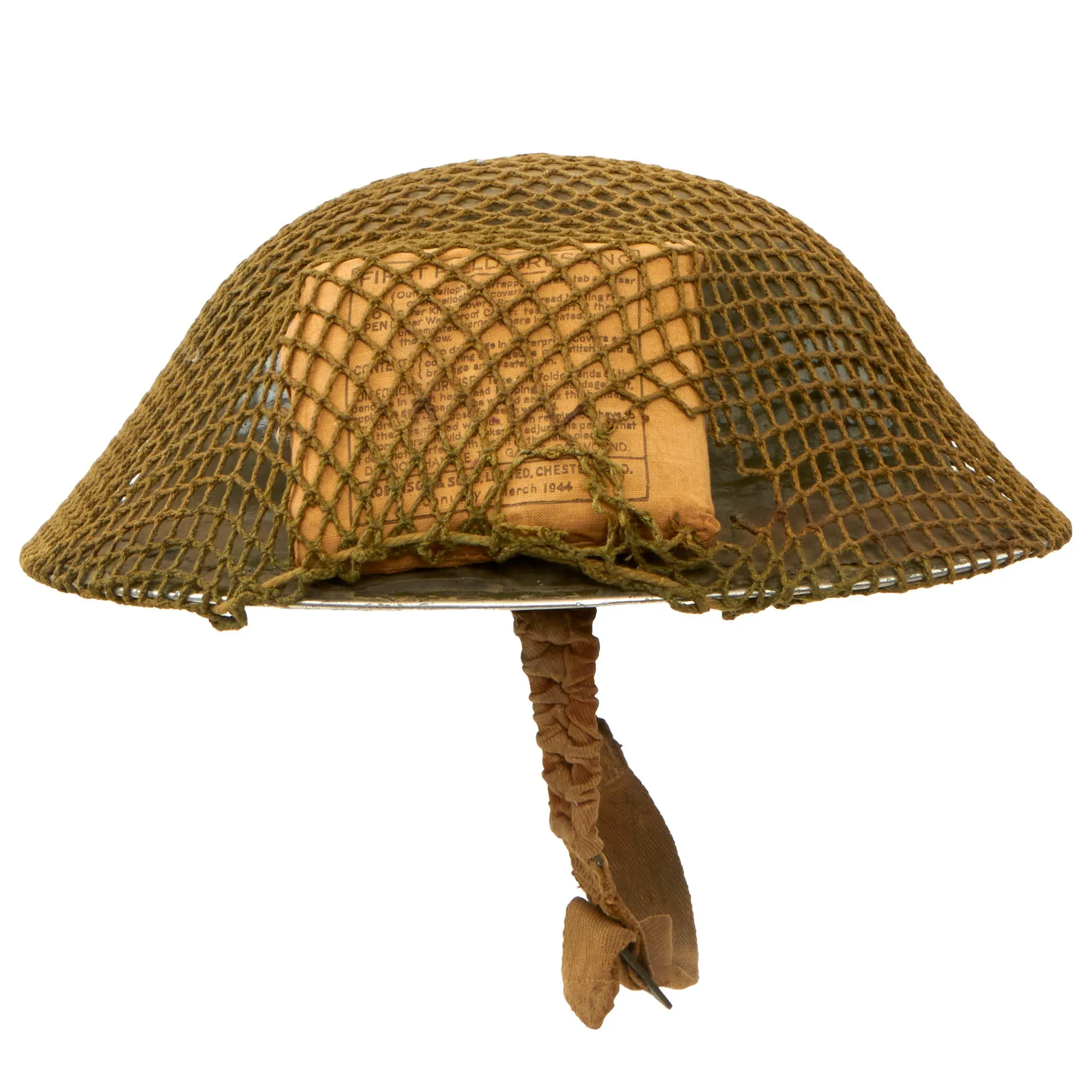 Original British WWII Brodie MkII Steel Helmet Complete with Regiment Unit Tactical Flash, Helmet Net and First Aid Dressing