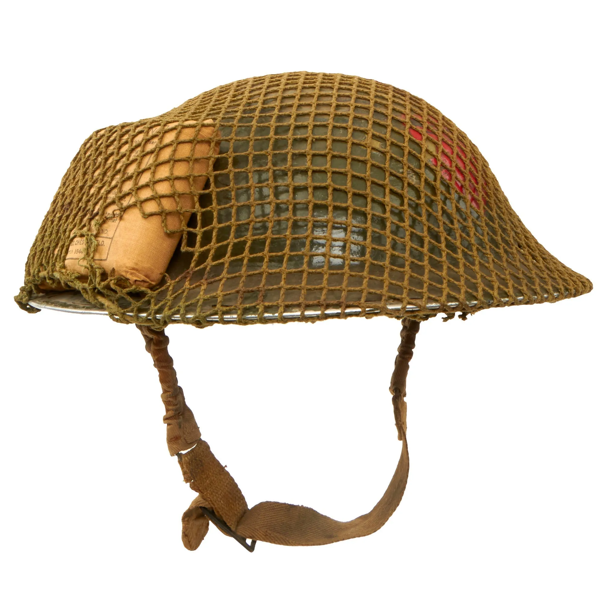 Original British WWII Brodie MkII Steel Helmet Complete with Regiment Unit Tactical Flash, Helmet Net and First Aid Dressing