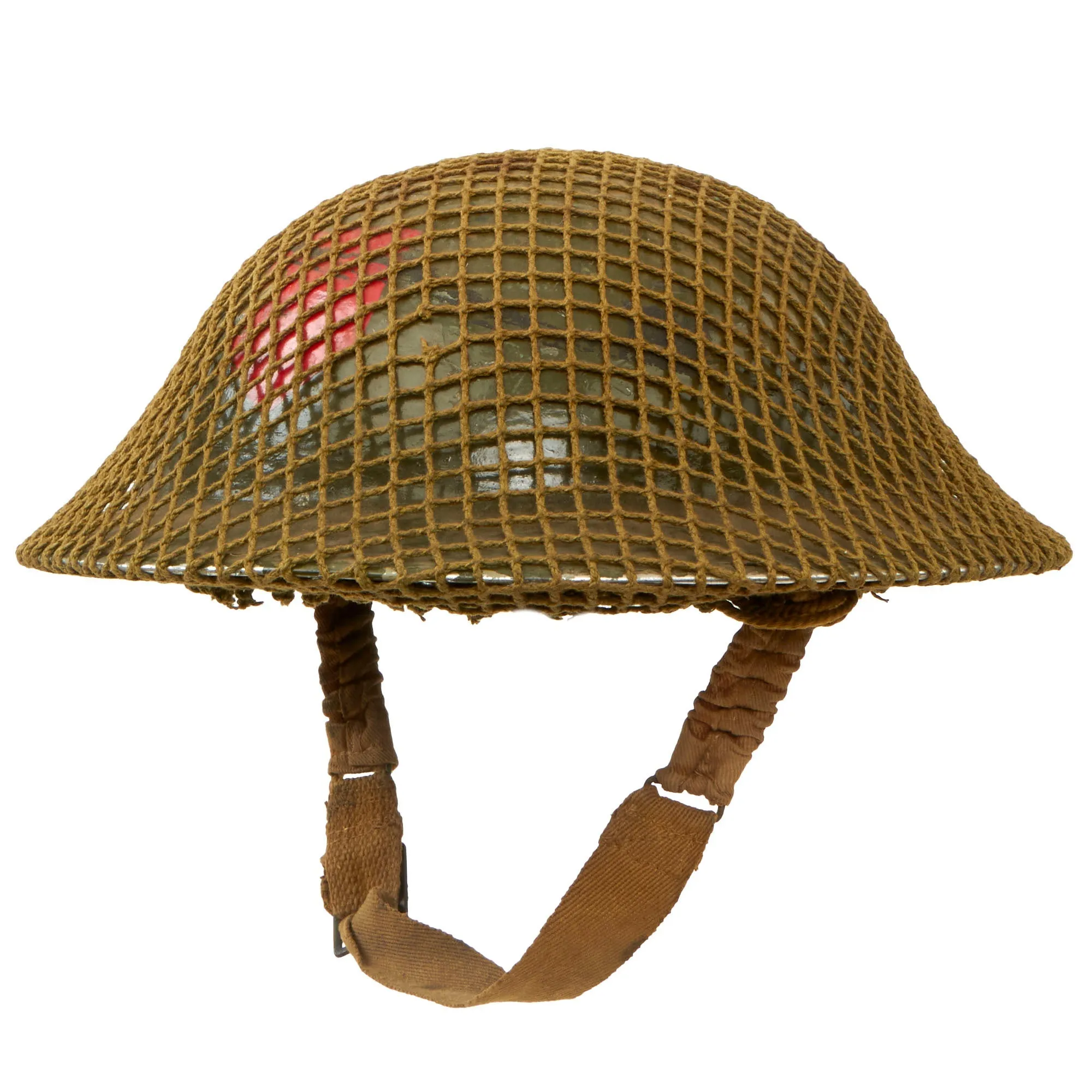 Original British WWII Brodie MkII Steel Helmet Complete with Regiment Unit Tactical Flash, Helmet Net and First Aid Dressing