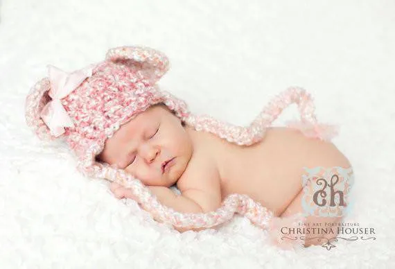 Pink and Cream Newborn Earflap Teddy Bear Hat