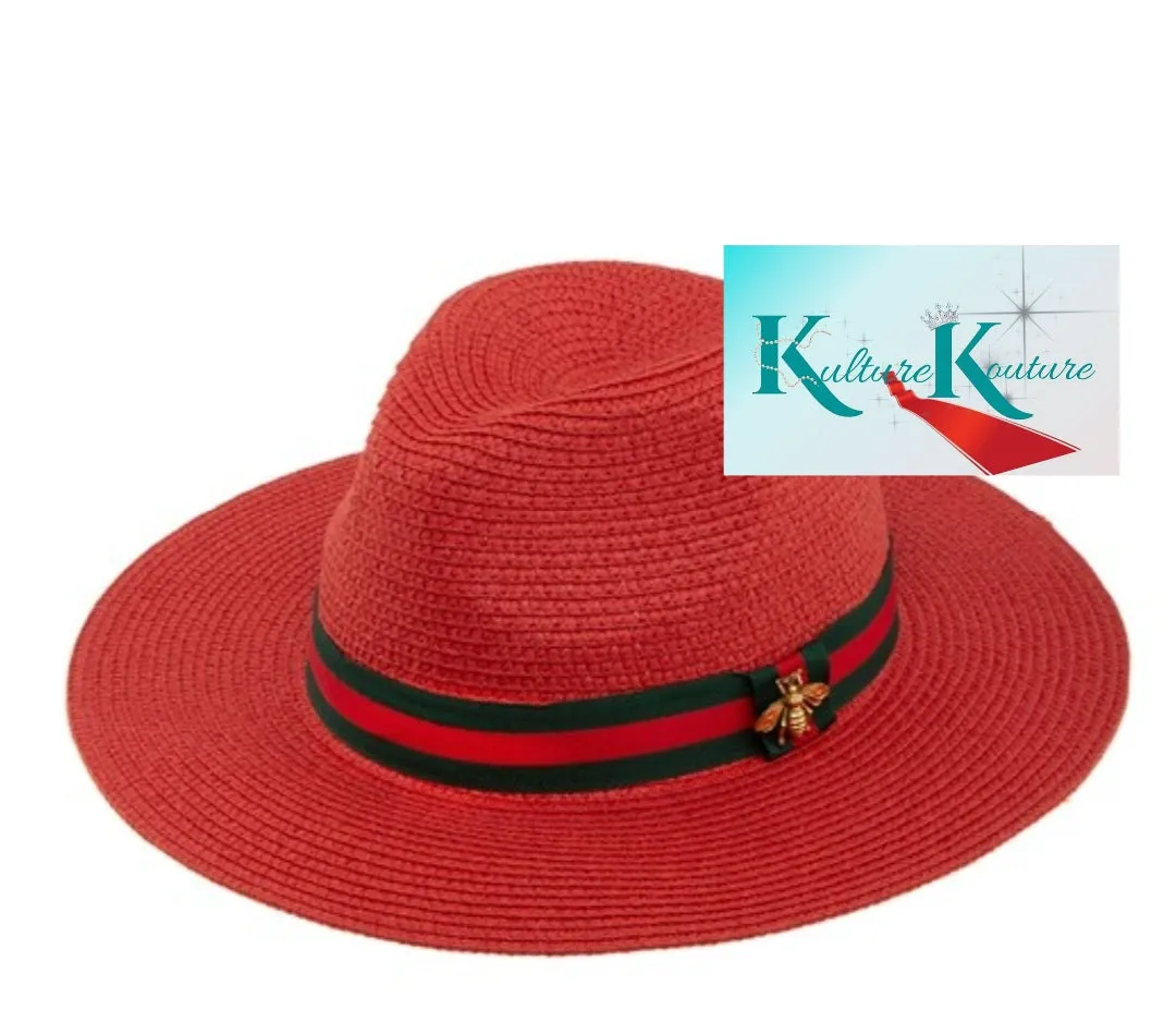 RED STRAW STRIPED BEE FEDORA HAT