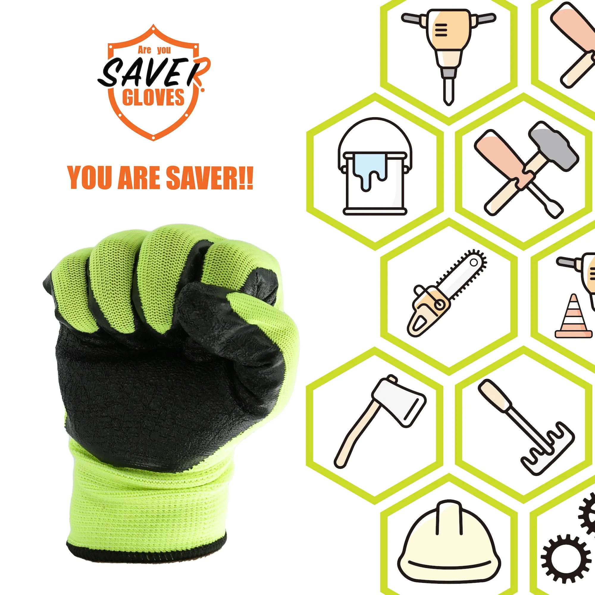 SAVER HEAVY DUTY High Visibility Latex Green Work and Gardening Gloves